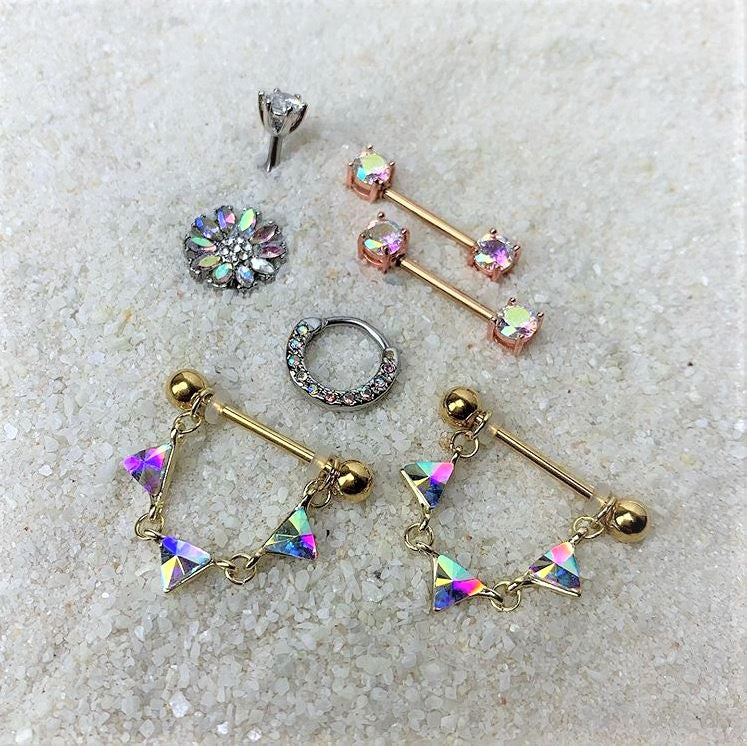 14G 9/16 Aurora CZ Gem Rose Gold Tone Barbell Nipple Ring Set - Image 4