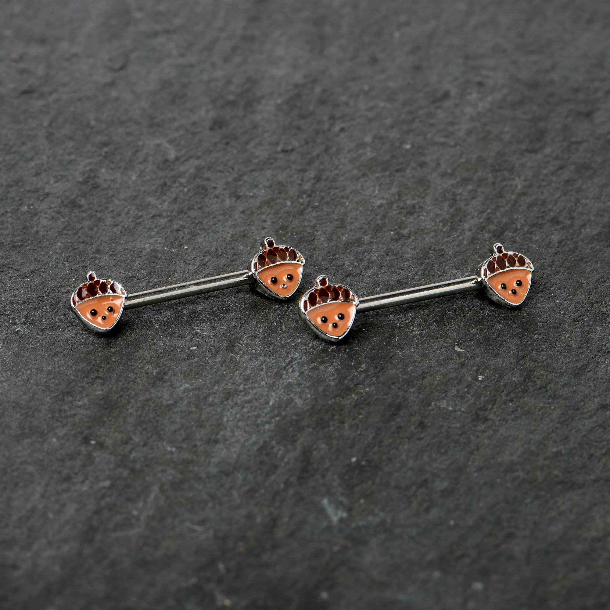 14G 9/16 Autumn Acorn Face Brown Fall Barbell Nipple Ring Set - Image 4