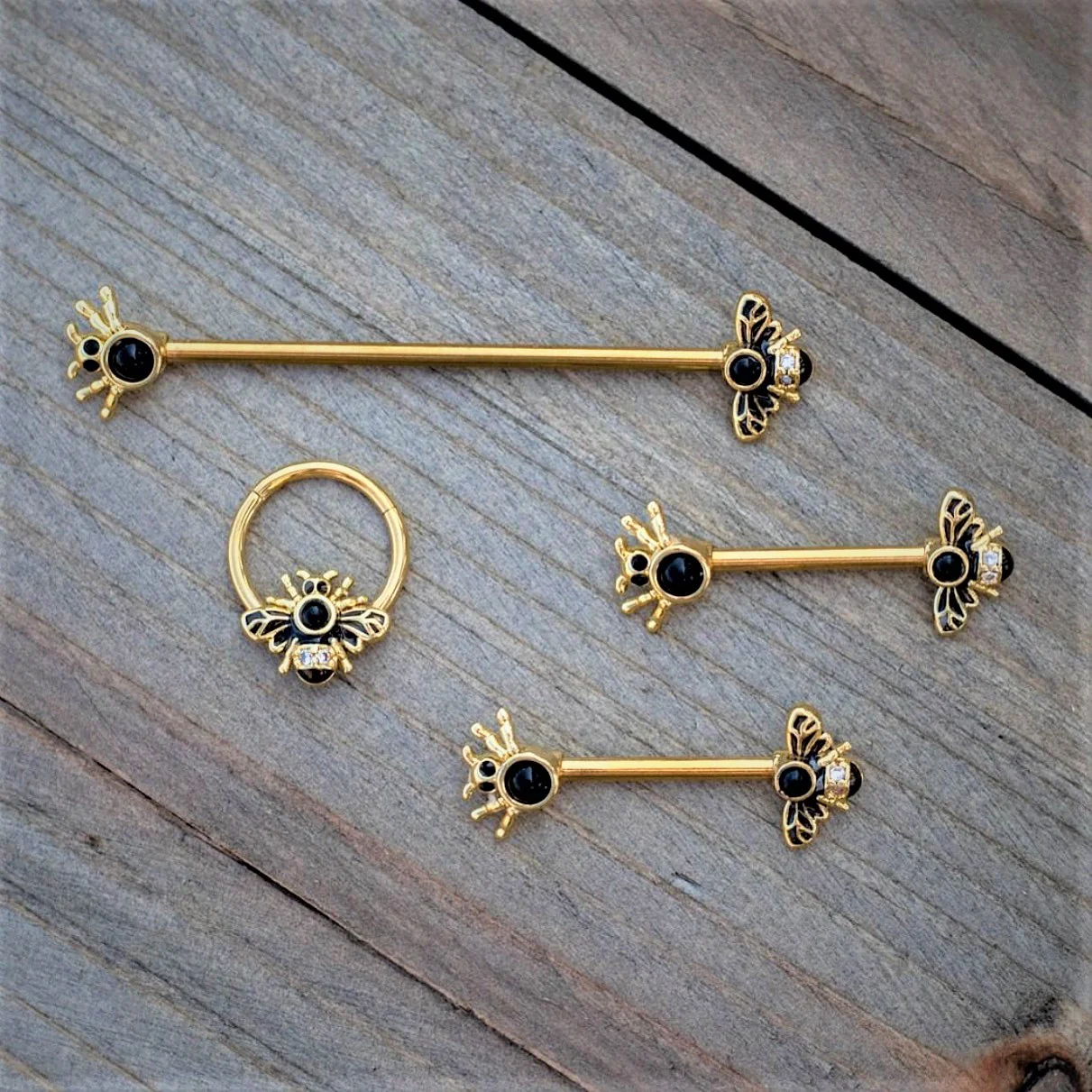 14G 9/16 Black Gem Gold Tone Bee Spider Barbell Nipple Ring Set - Image 2