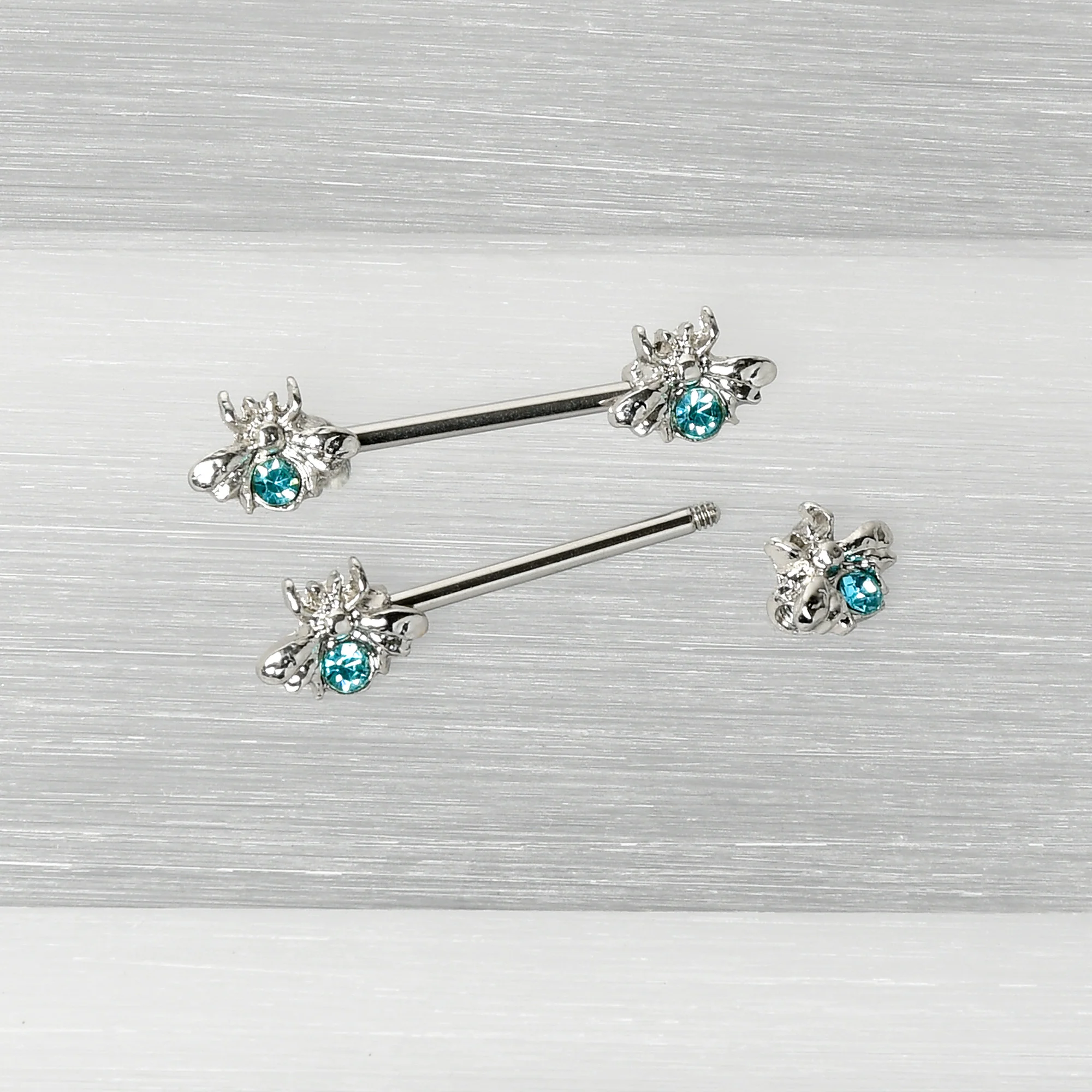 14G 9/16 Blue Gem Bee Beautiful Insect Barbell Nipple Ring Set - Image 6