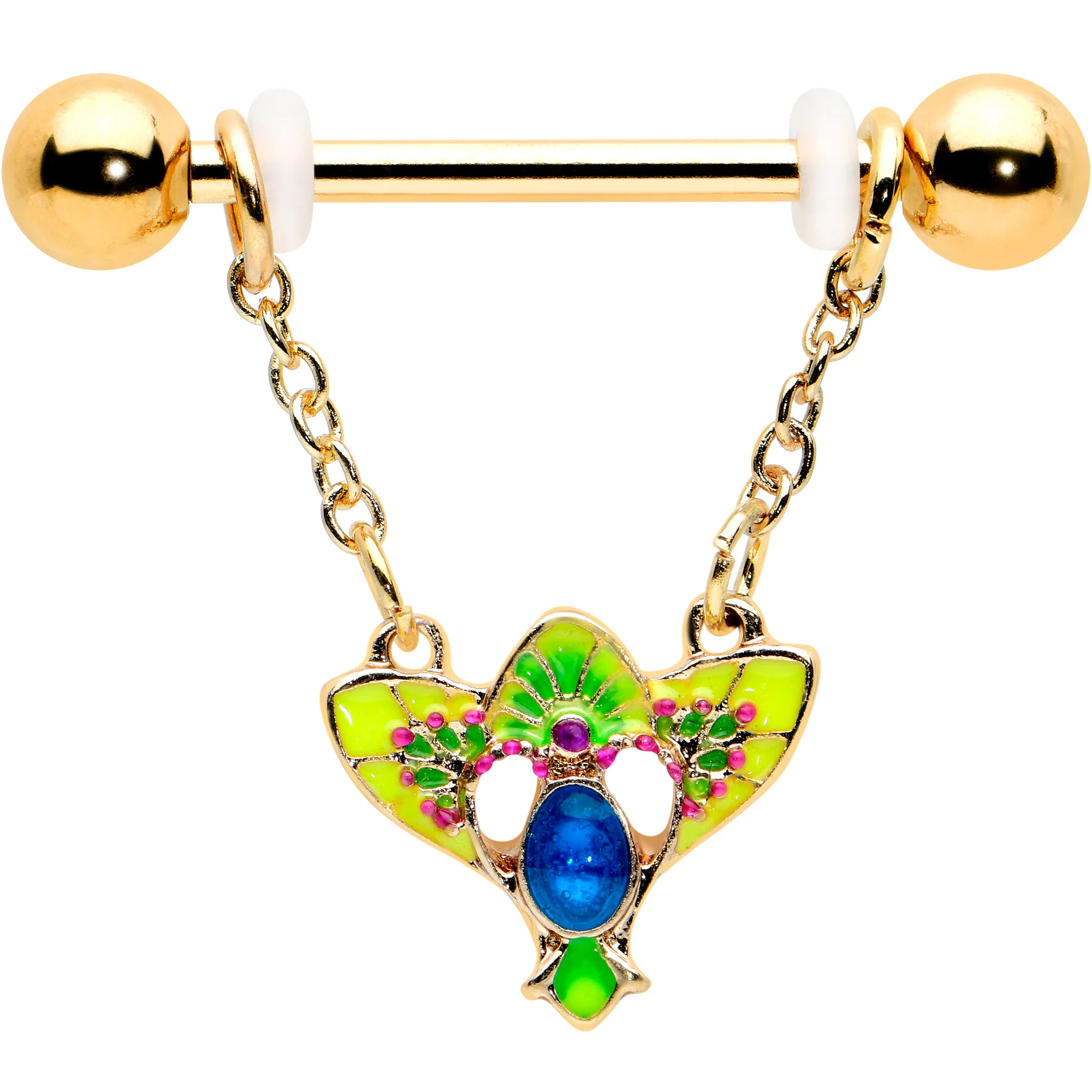 14G 9/16 Blue Gem Gold Hue Tropic Fan Chain Dangle Nipple Ring Set - Image 2