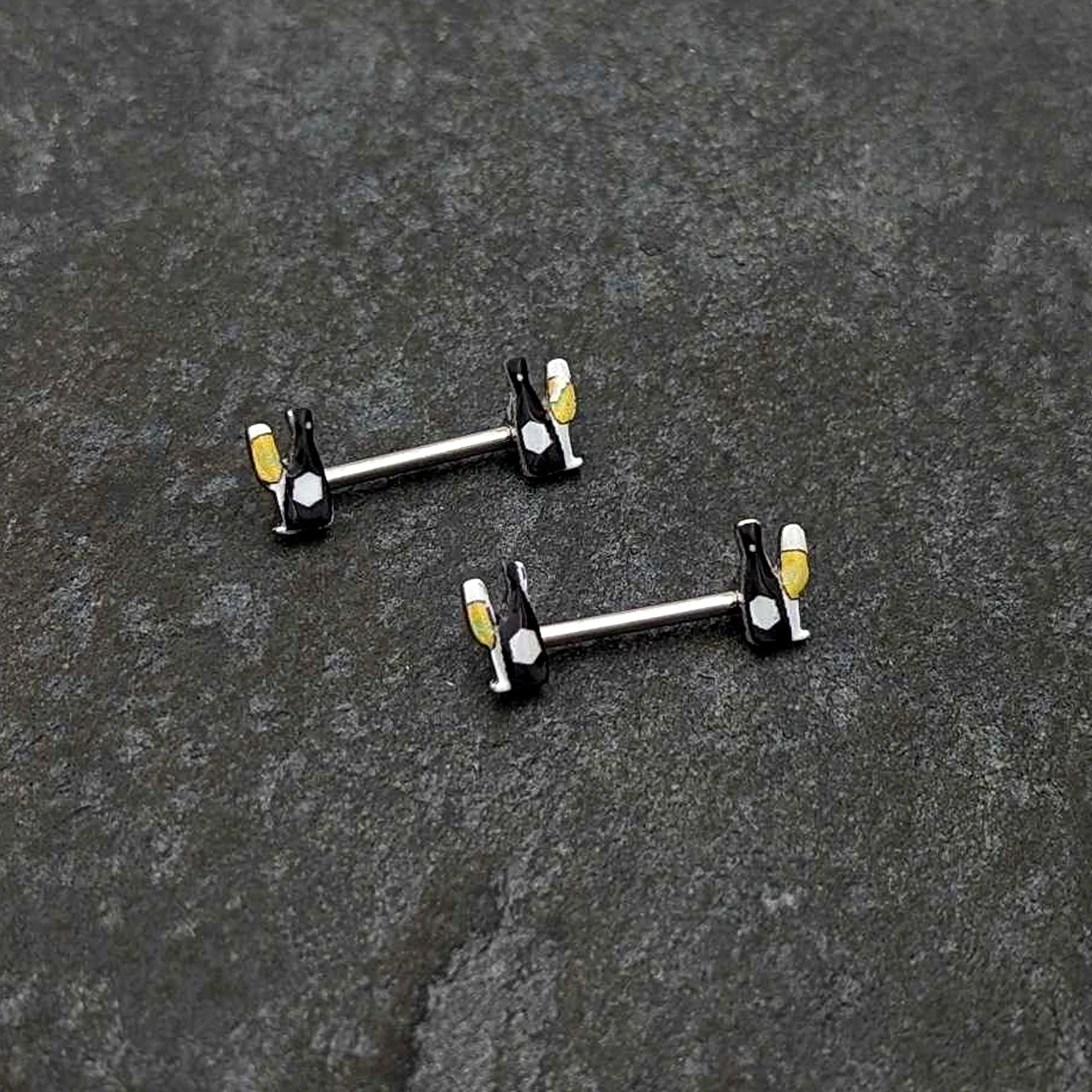 14G 9/16 Champagne Bottle Flute Yellow Barbell Nipple Ring Set - Image 4