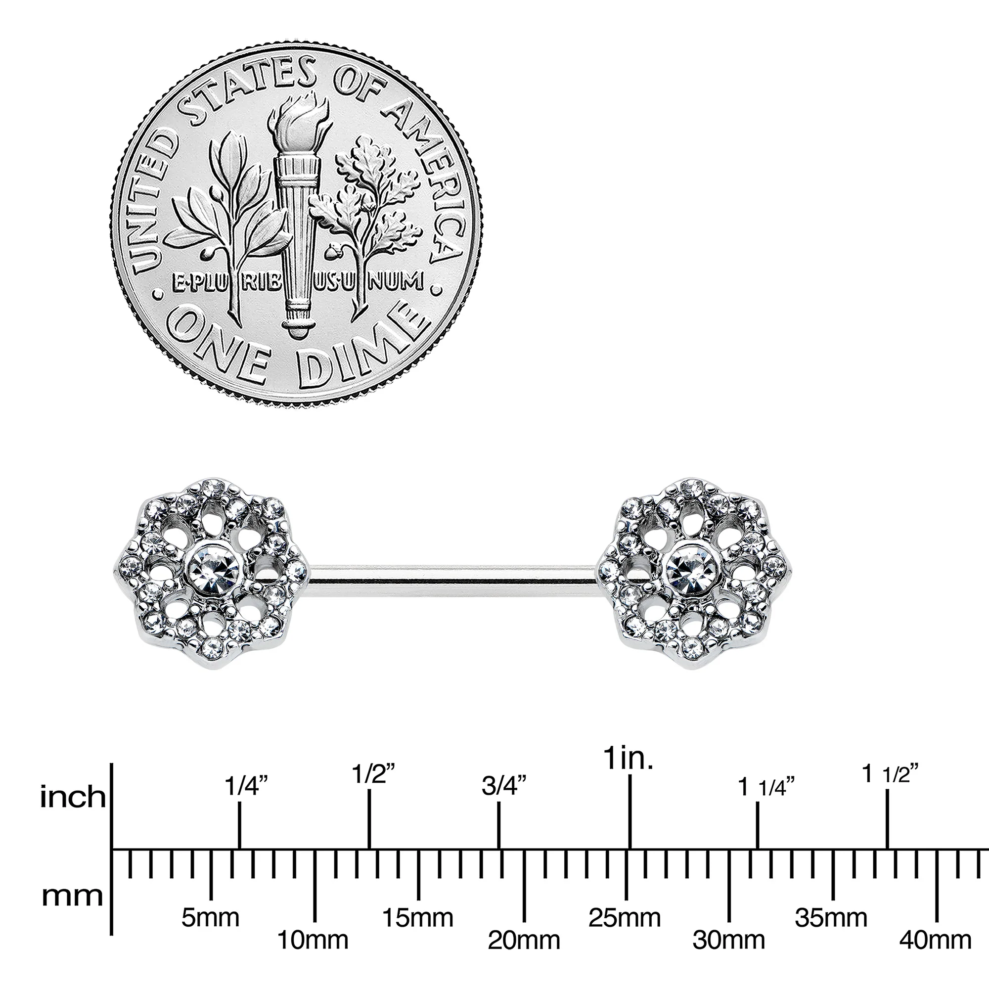 14G 9/16 Clear Gem Epic Fabulous Flower Barbell Nipple Ring Set - Image 3
