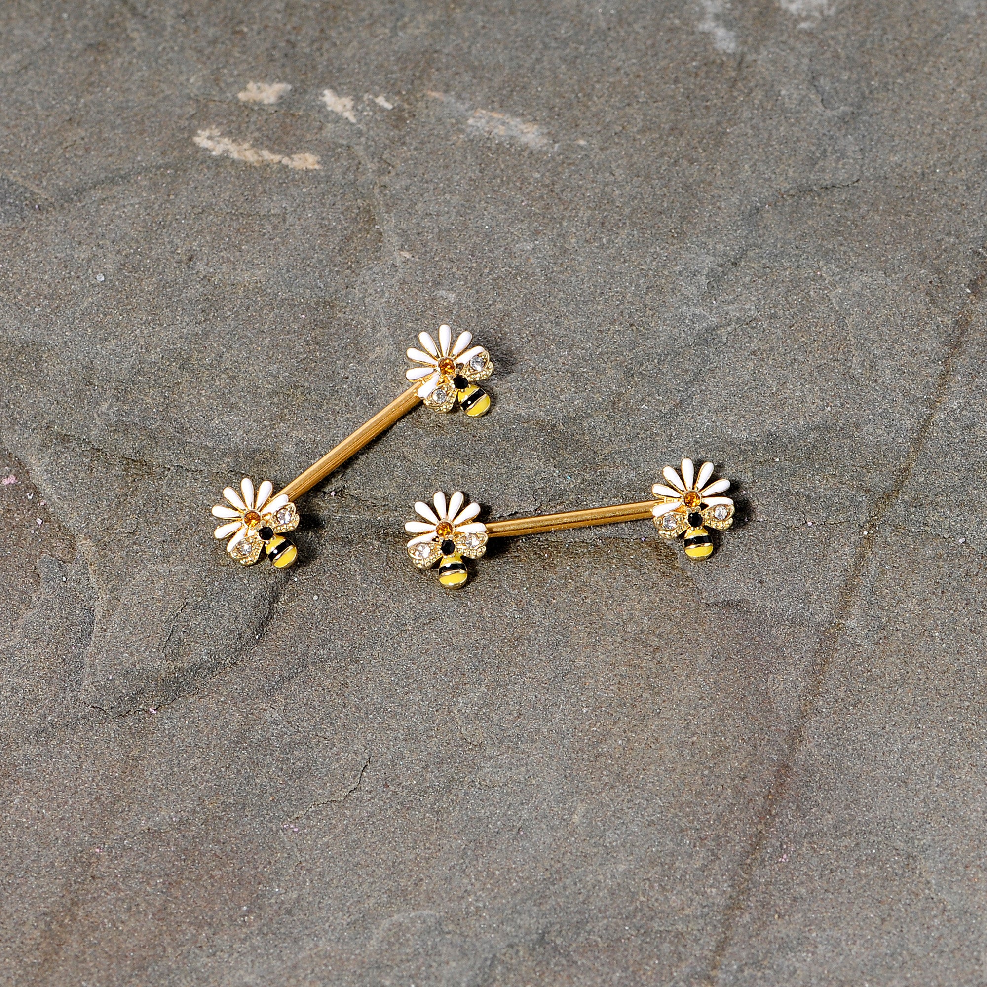 14G 9/16 Clear Gem Gold Tone Flower Bee Barbell Nipple Ring Set - Image 3