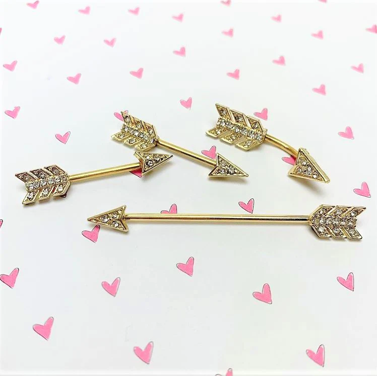 14G 9/16 Clear Gem Gold Tone Flying Arrow Barbell Nipple Ring Set - Image 2