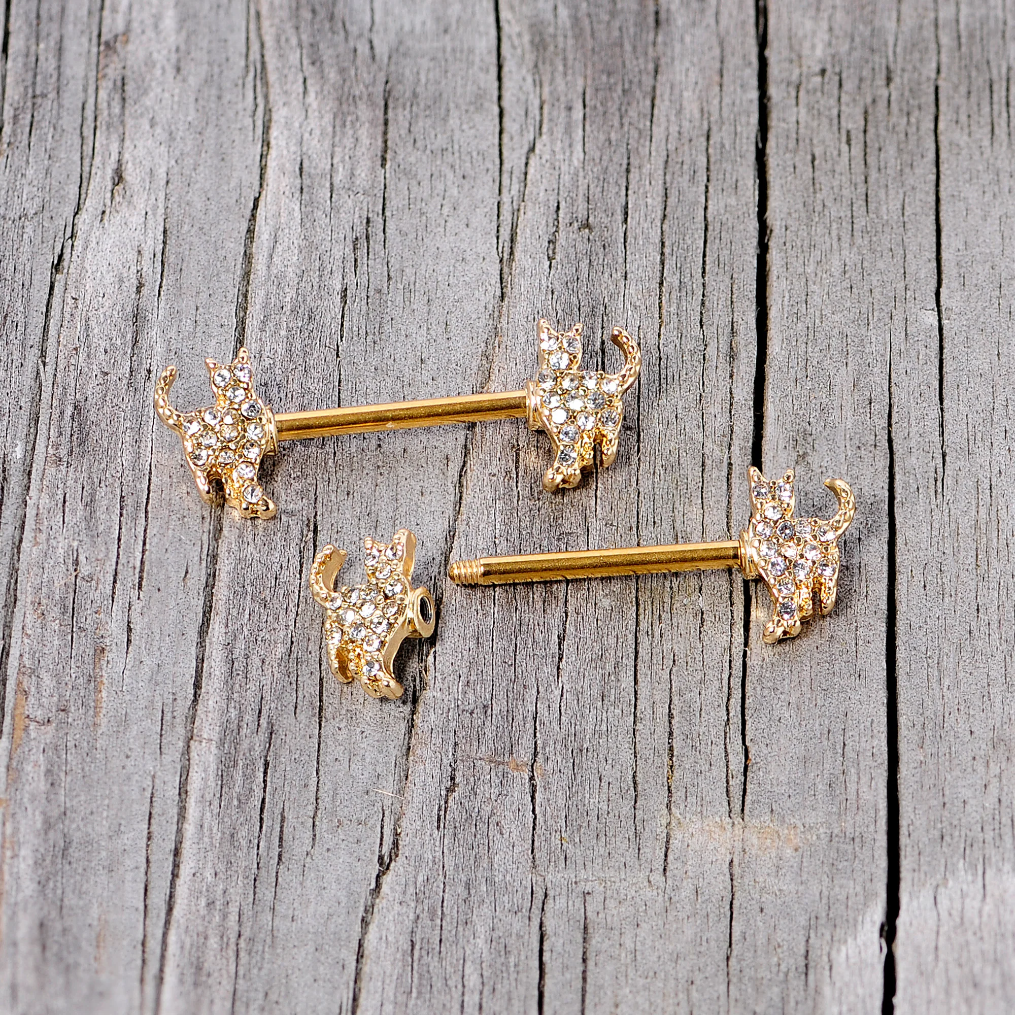 14G 9/16 Clear Gem Gold Tone Glamour Cat Barbell Nipple Ring Set - Image 4