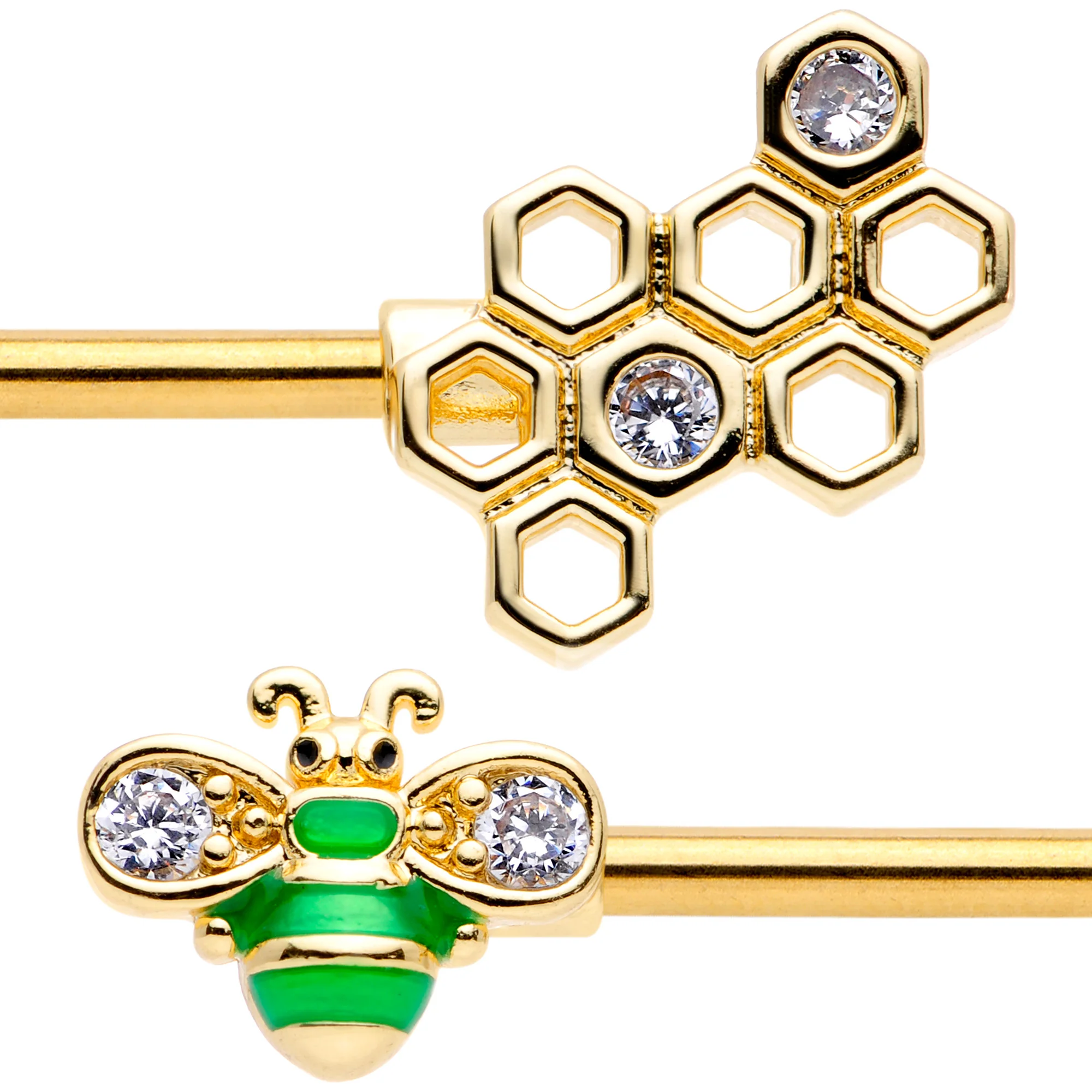 14G 9/16 Clear Gem Gold Tone Green Bee Barbell Nipple Ring Set - Image 2