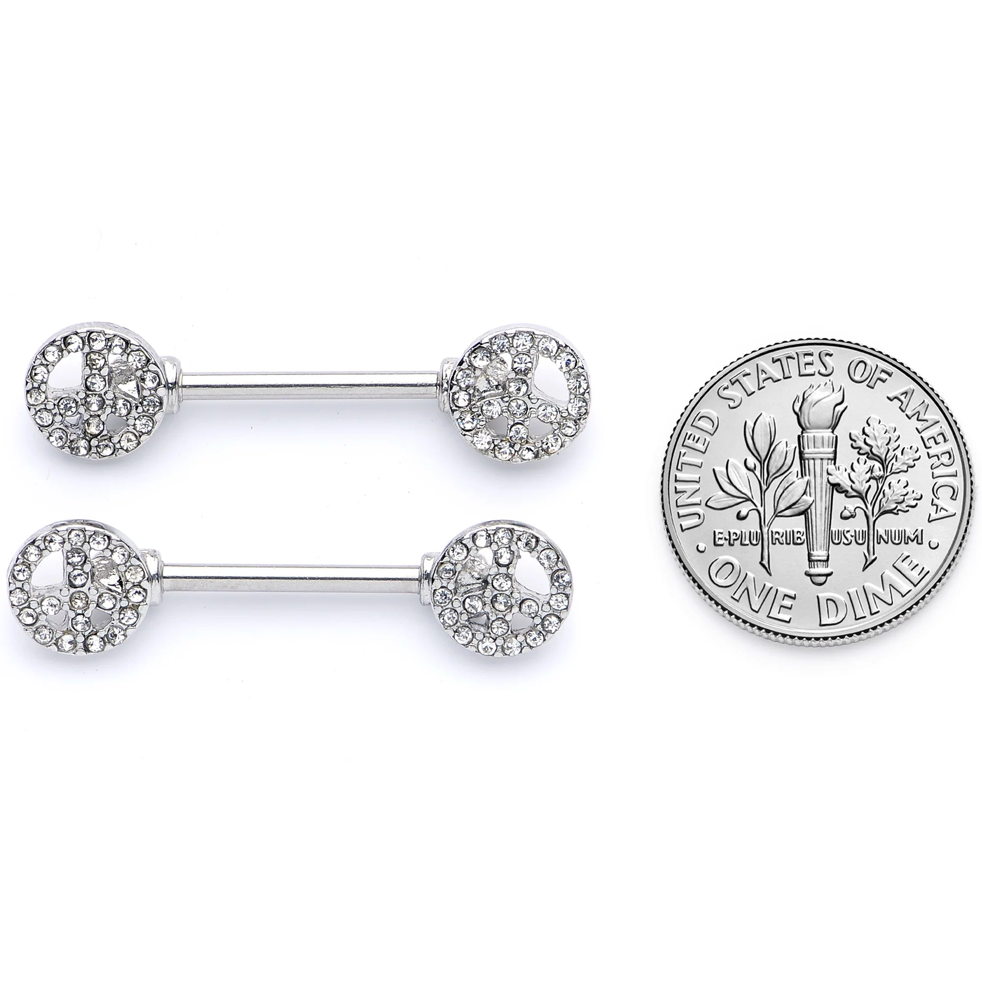 14G 9/16 Clear Gem Retro Peace Sign Barbell Nipple Ring Set - Image 6
