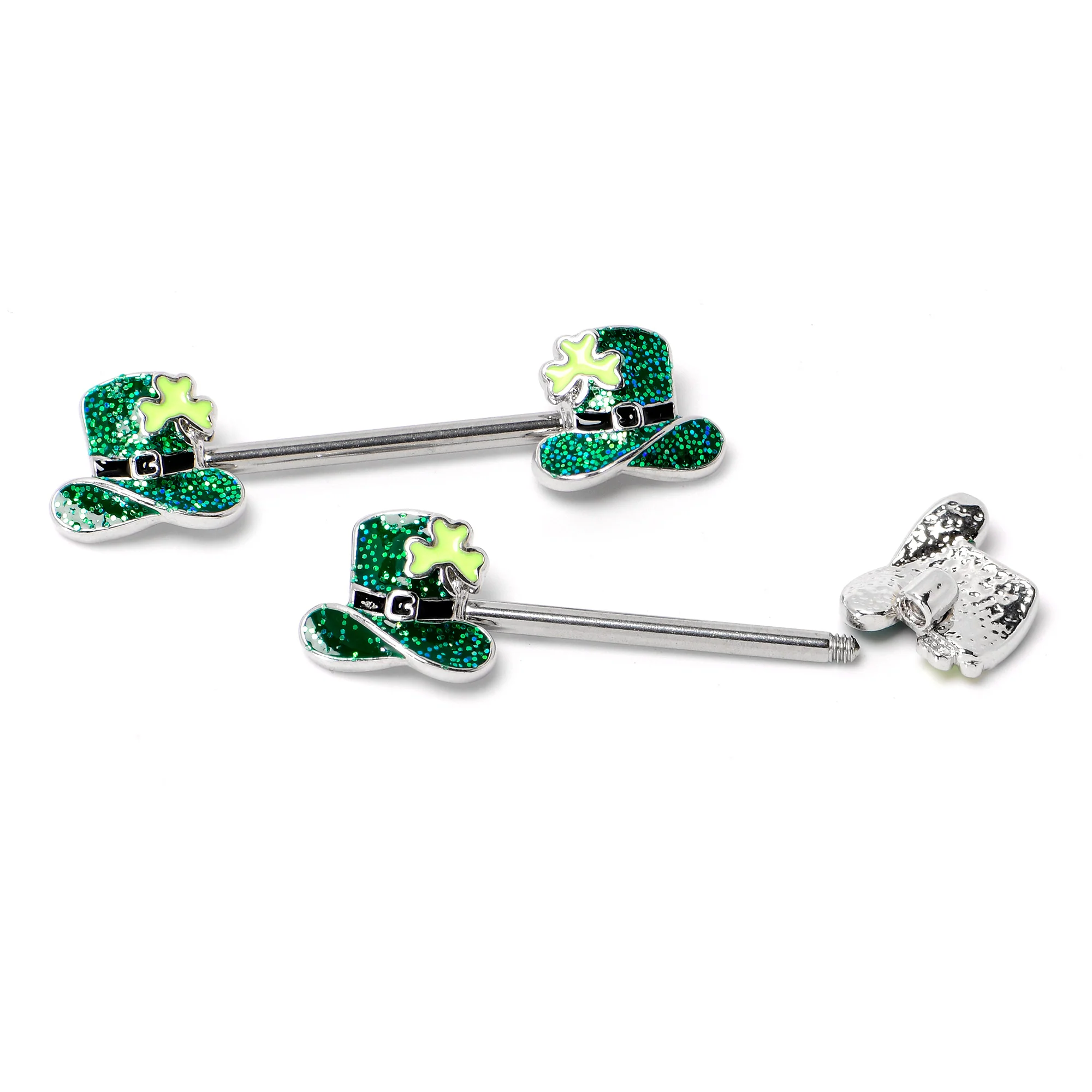 14G 9/16 Glitter Top Hat Shamrock Barbell Nipple Ring Set - Image 6