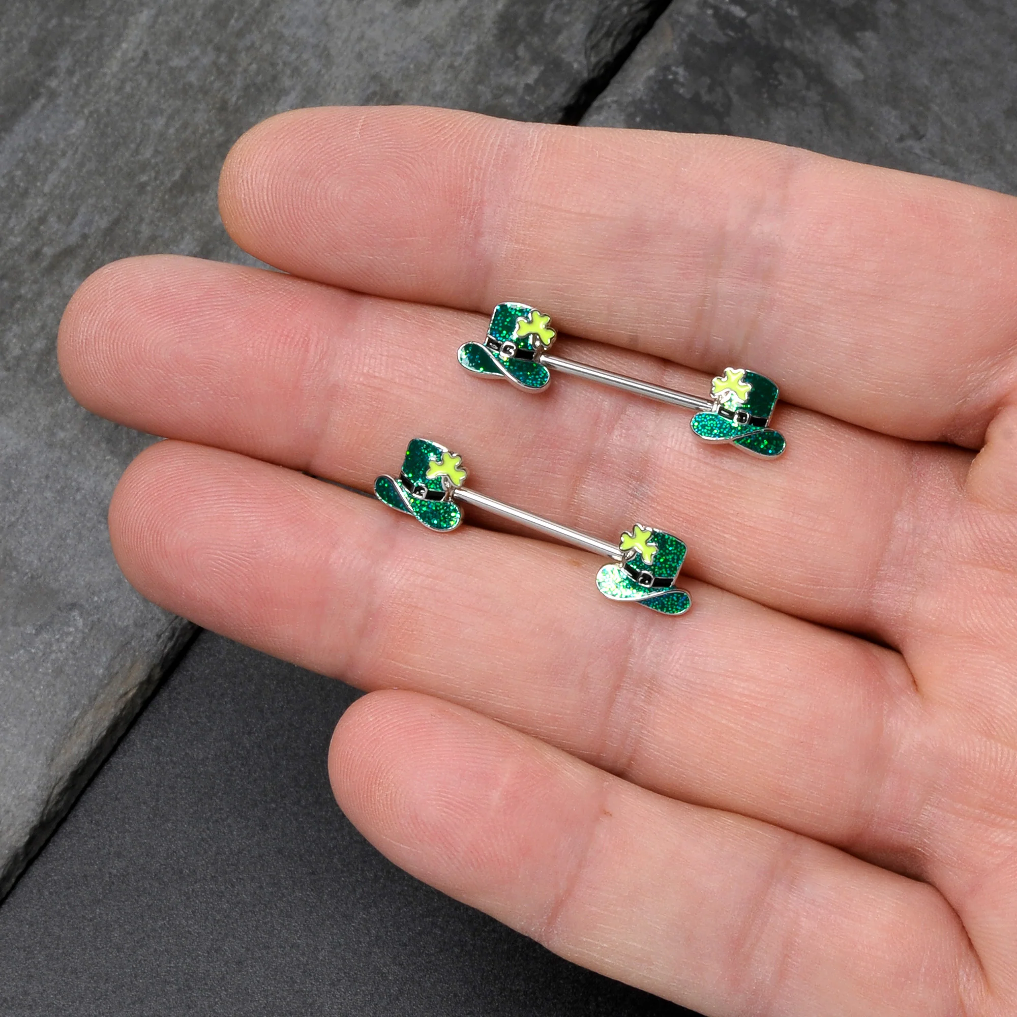14G 9/16 Glitter Top Hat Shamrock Barbell Nipple Ring Set - Image 8