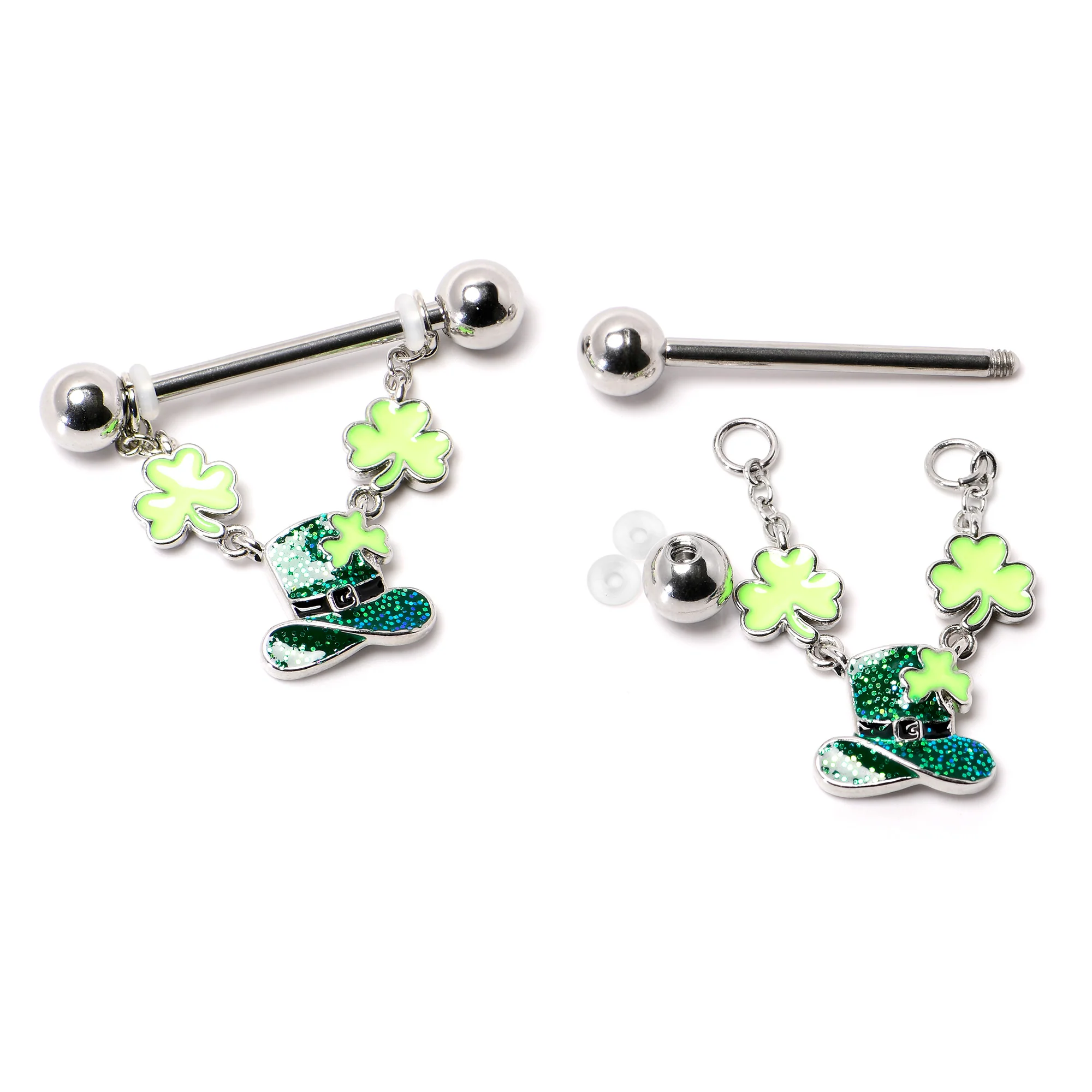 14G 9/16 Glitter Top Hat Shamrock Chain Dangle Nipple Ring Set - Image 6