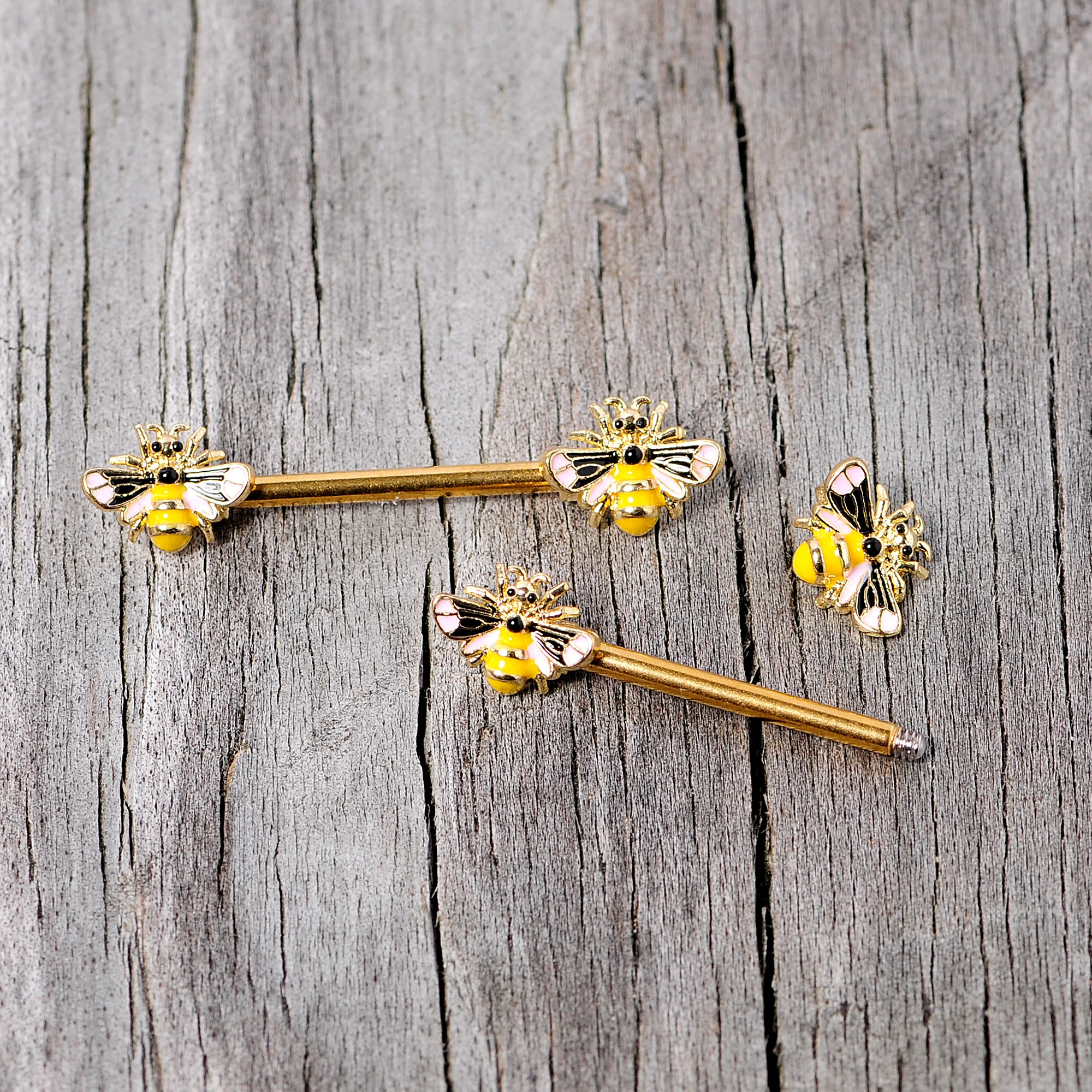 14G 9/16 Gold Tone Yellow Pink Bee Barbell Nipple Ring Set - Image 4