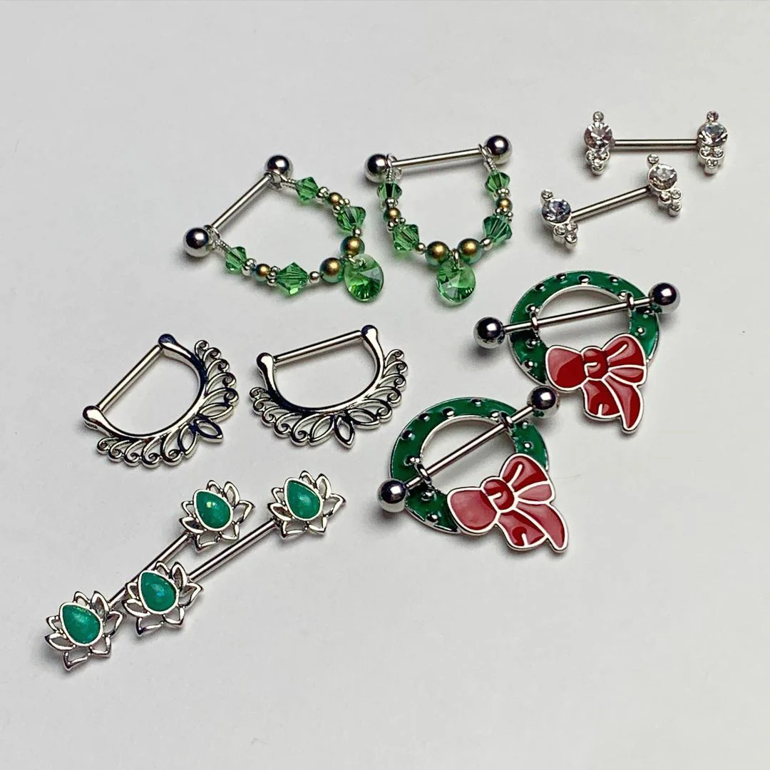 14G 9/16 Green Faux Opal Lotus Flower Barbell Nipple Ring Set - Image 2