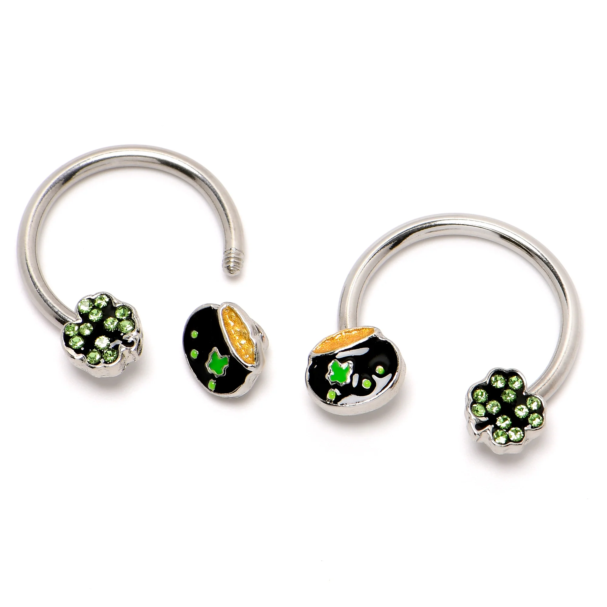 14G 9/16 Green Gem Shamrock Pot of Gold Horseshoe Nipple Ring Set - Image 6