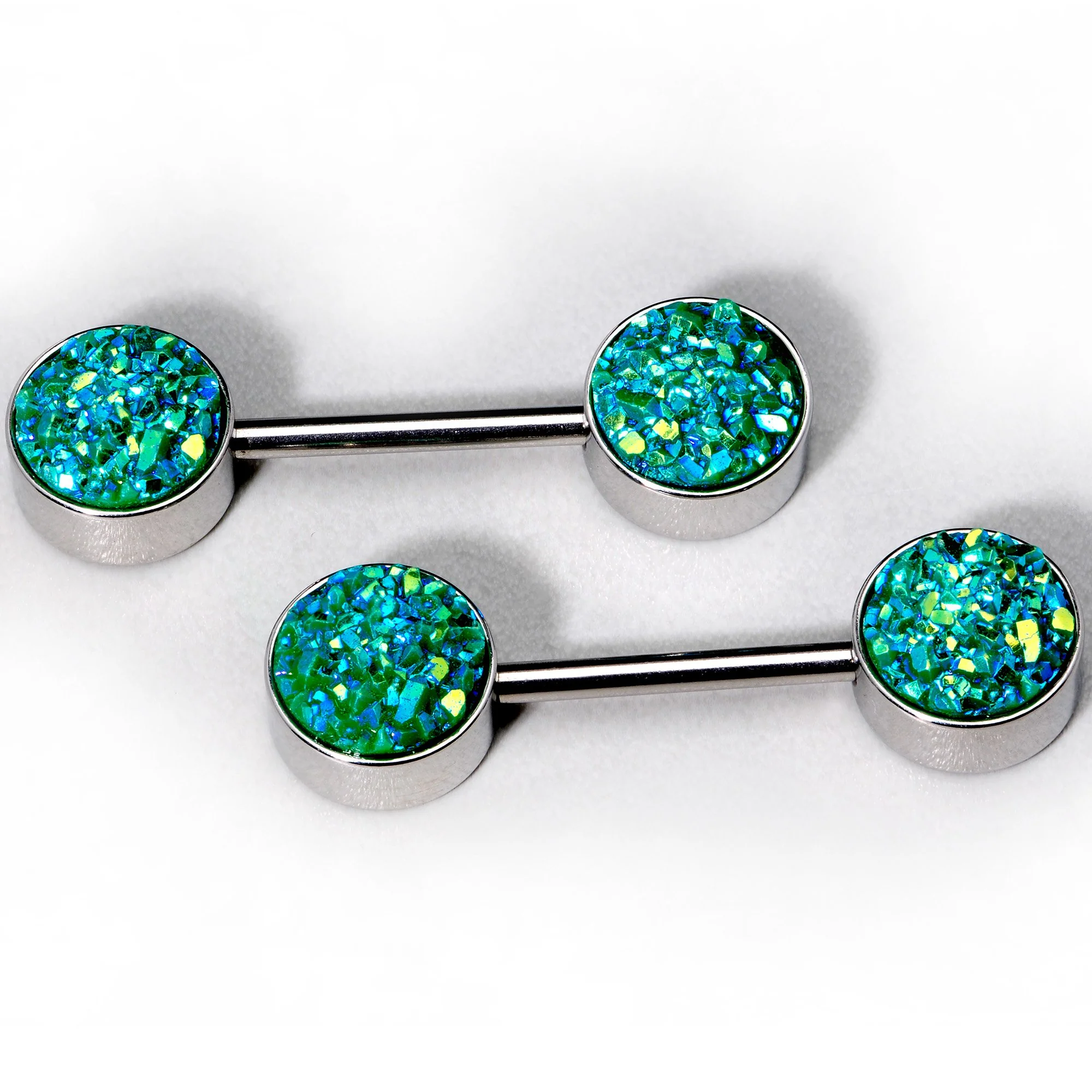 14G 9/16 Green Synthetic Druzy Garden Barbell Nipple Ring Set - Image 2