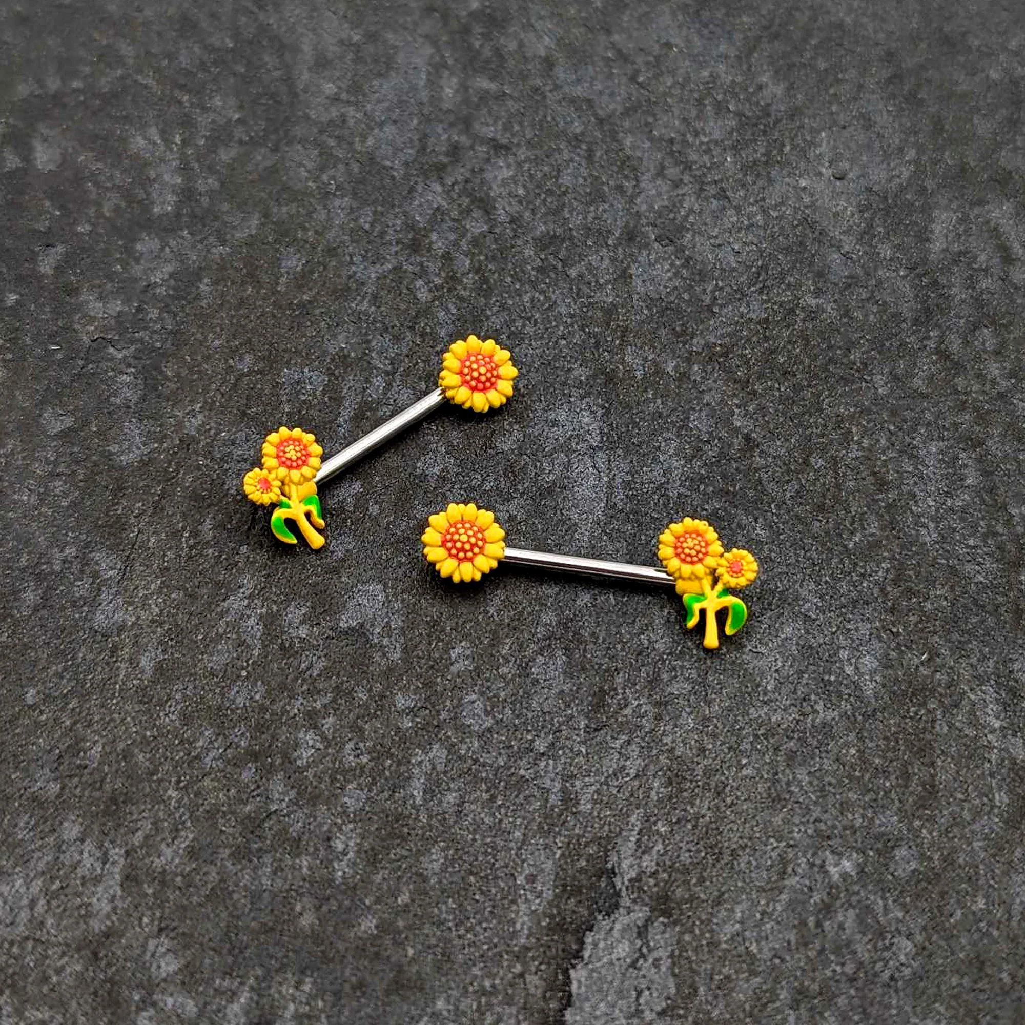 14G 9/16 Happy Yellow Sunflower Trio Barbell Nipple Ring Set - Image 4