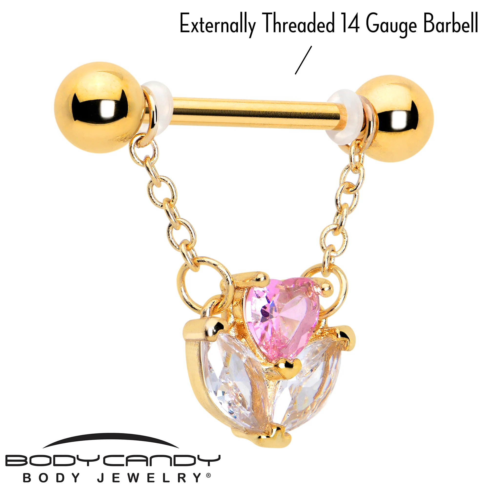 14G 9/16 Pink CZ Gem Gold Tone Love Flower Dangle Nipple Ring Set - Image 2