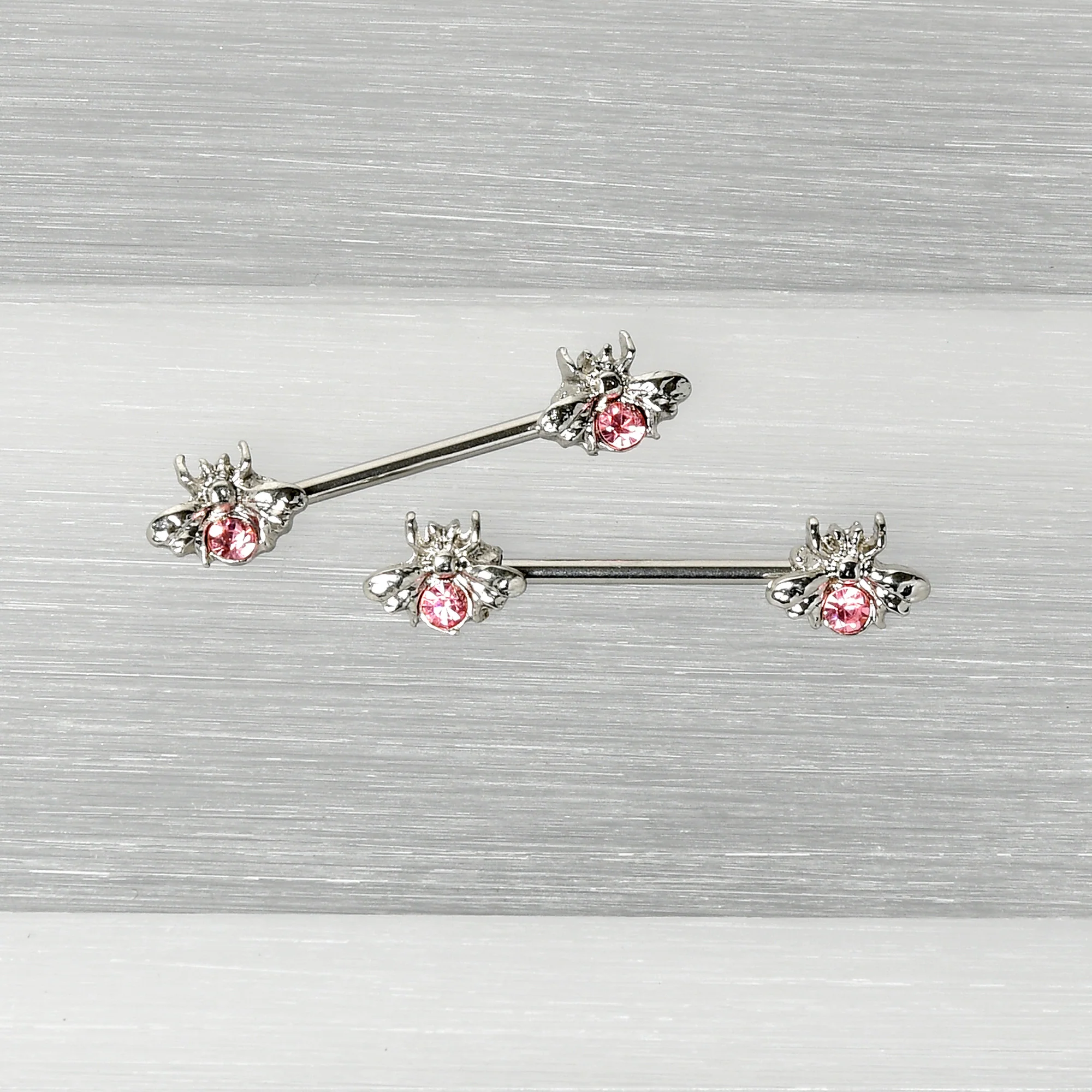 14G 9/16 Pink Gem Bee Beautiful Insect Barbell Nipple Ring Set - Image 5