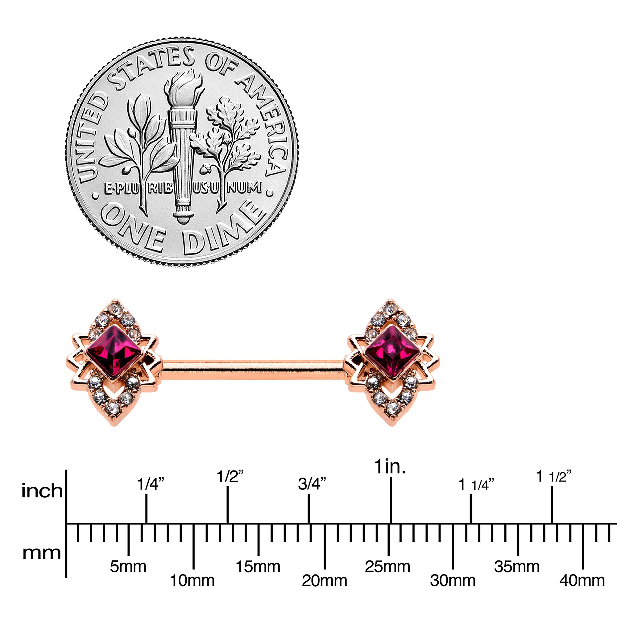 14G 9/16 Red Gem Rosy Tone Octogram Star Barbell Nipple Ring Set - Image 3