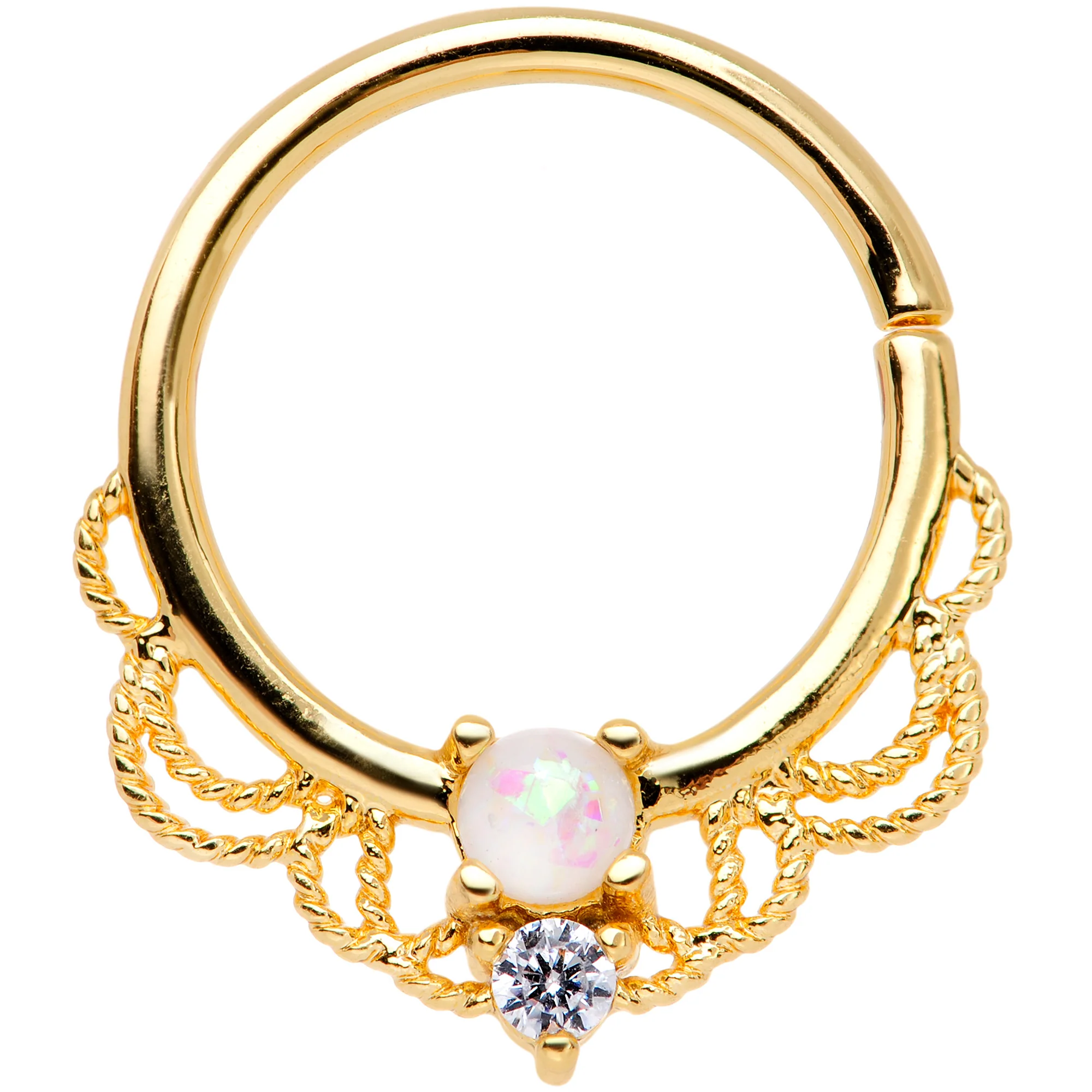 14G 9/16 White Faux Opal Gold Tone Lacy Nipple Clicker Set - Image 2