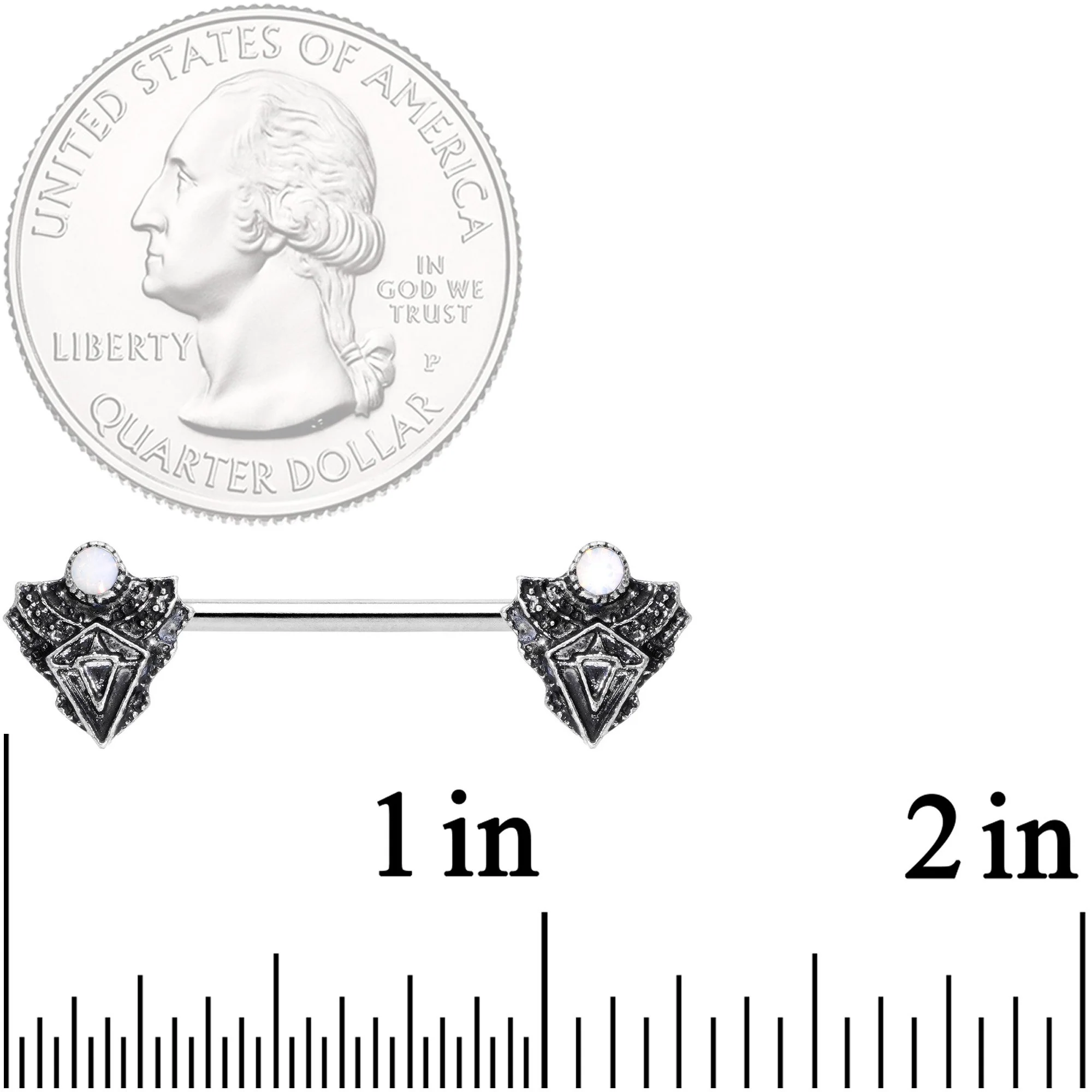 14G 9/16 White Faux Opal Retro Triangle Barbell Nipple Ring Set - Image 2