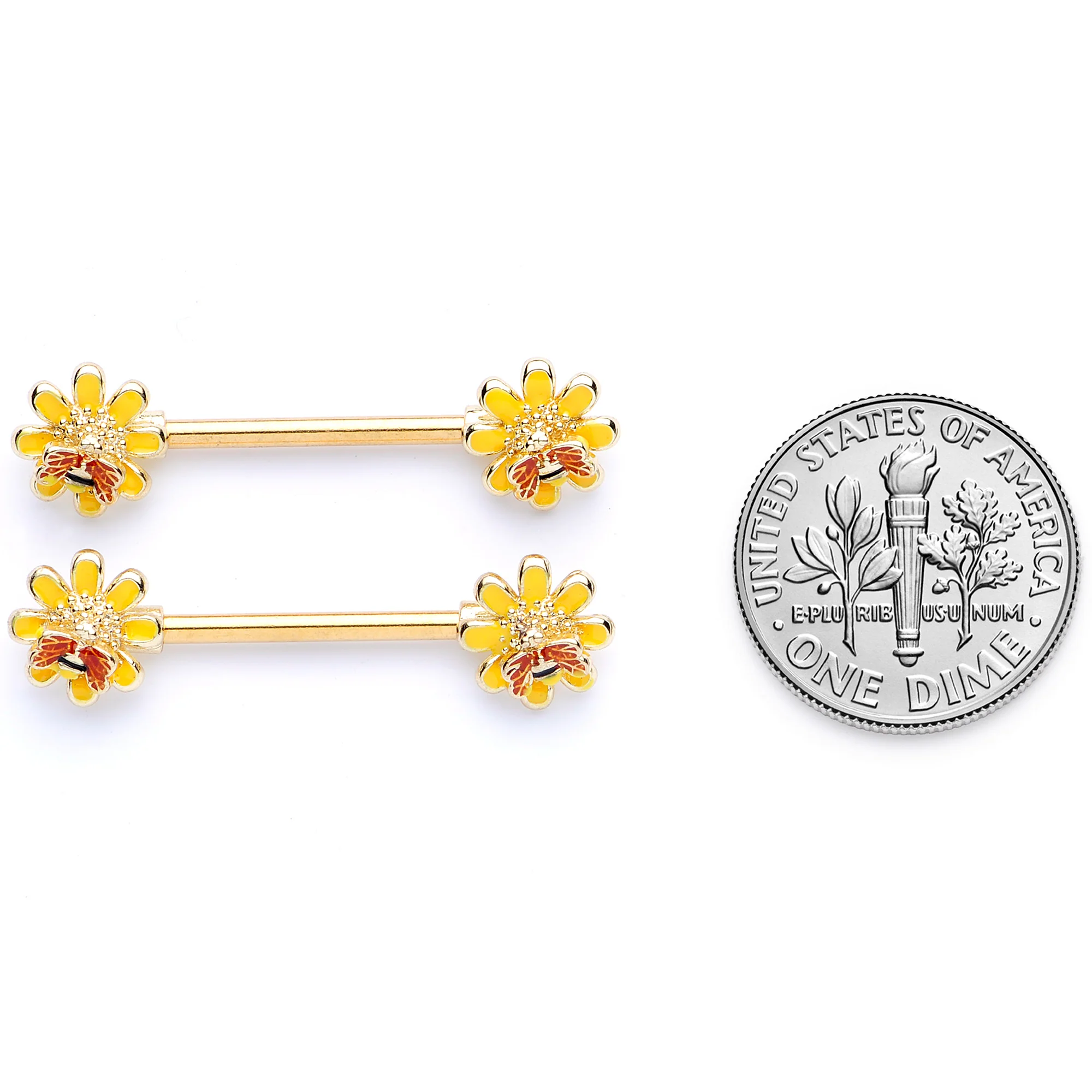 14G 9/16 Yellow Red Gold Tone Bee Flower Barbell Nipple Ring Set - Image 6