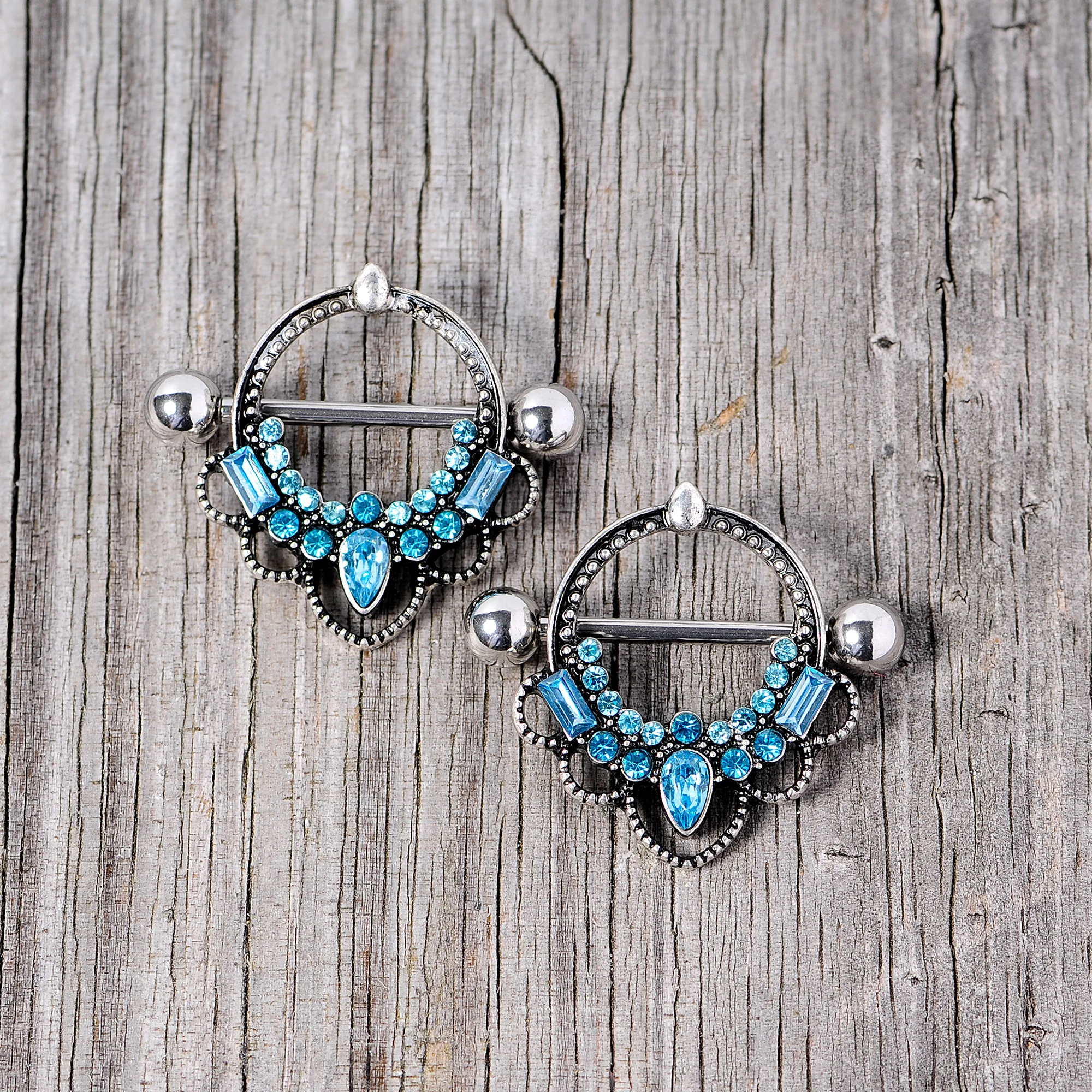 14G 5/8 Aqua Gem Filigree Nipple Shield Set - Image 4
