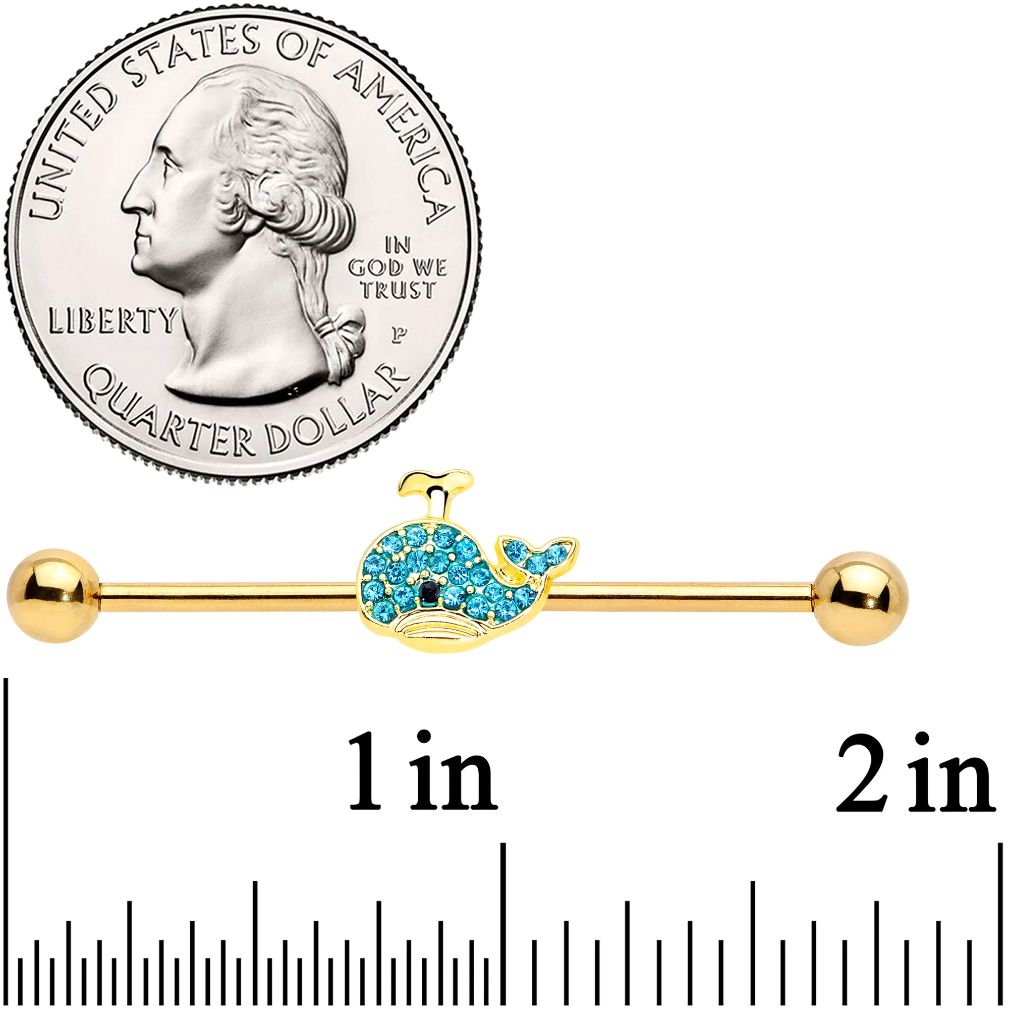 14G Aqua Gem Gold Tone What A Whale Industrial Barbell 38mm - Image 2
