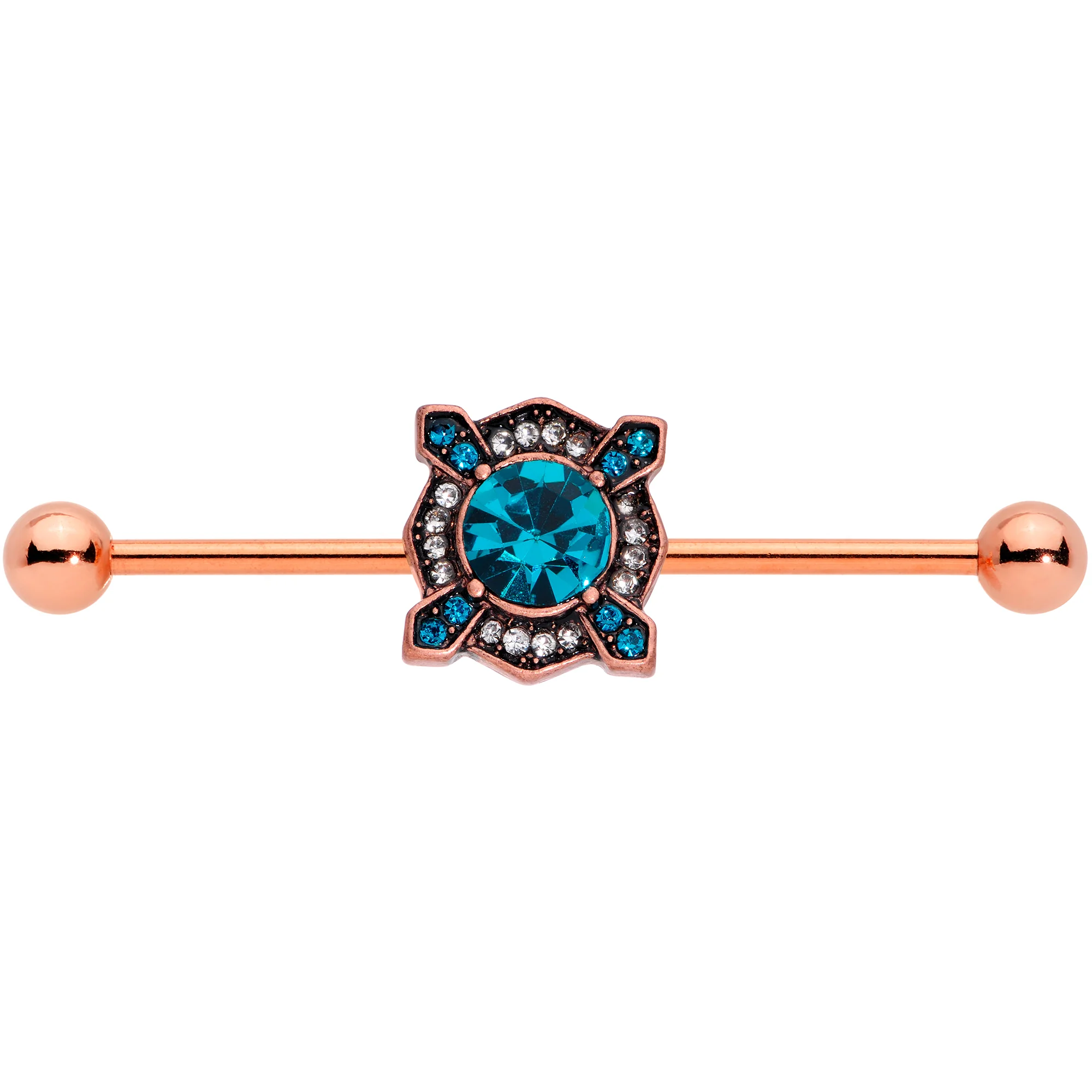 14G Aqua Gem Rose Gold Tone Renaissance Industrial Barbell 38mm - Image 2