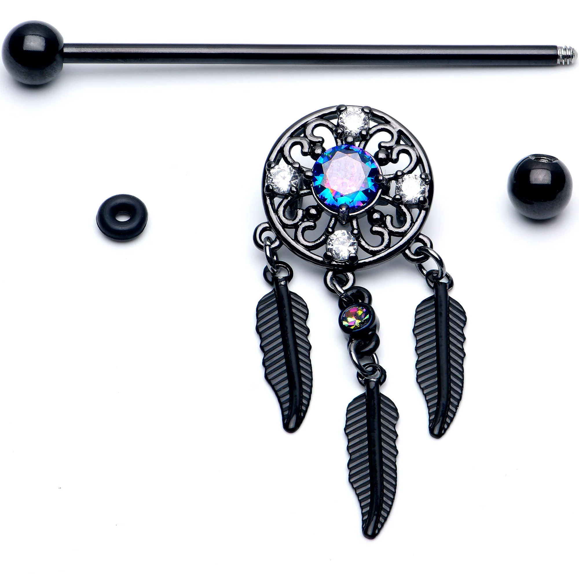 14G Aurora CZ Gem Black Dreamcatcher Dangle Industrial Barbell 38mm - Image 2