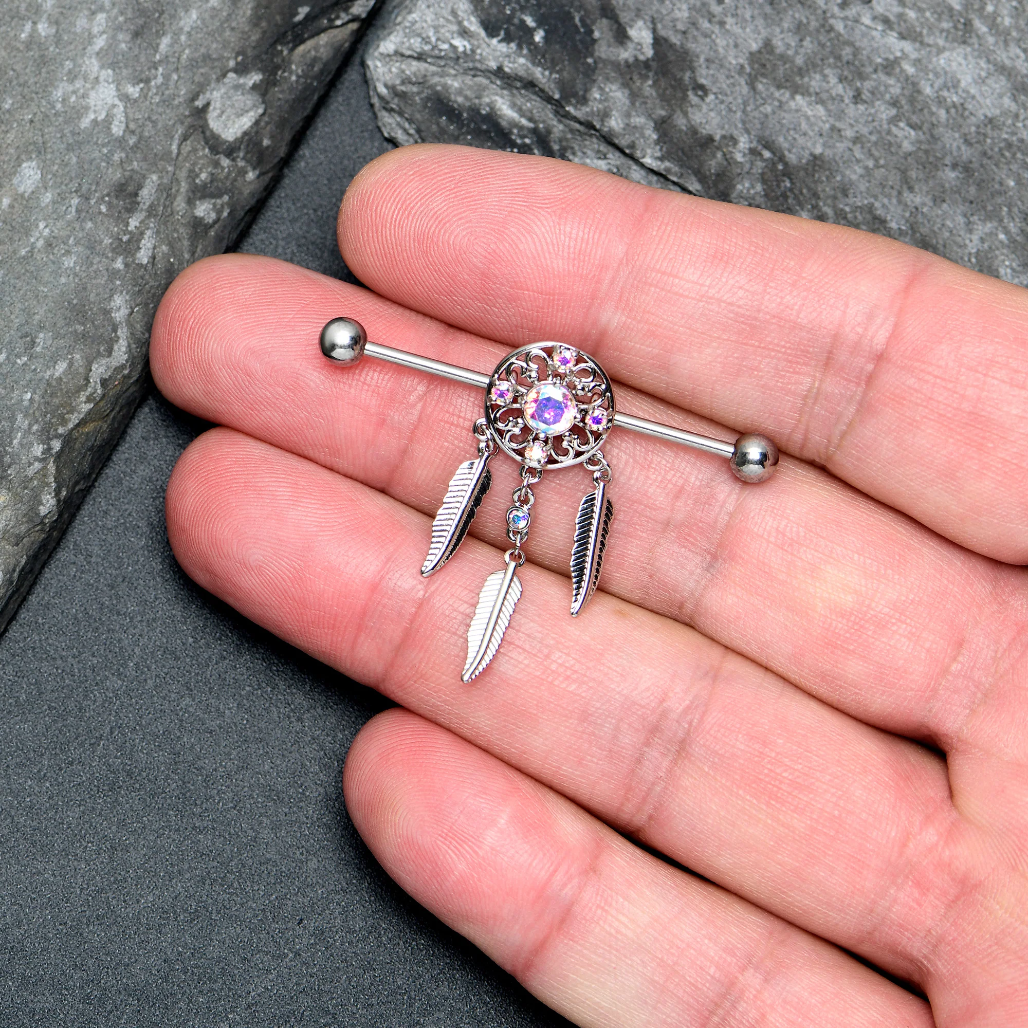 14G Aurora CZ Gem  Dreamcatcher Dangle Industrial Barbell 38mm - Image 3