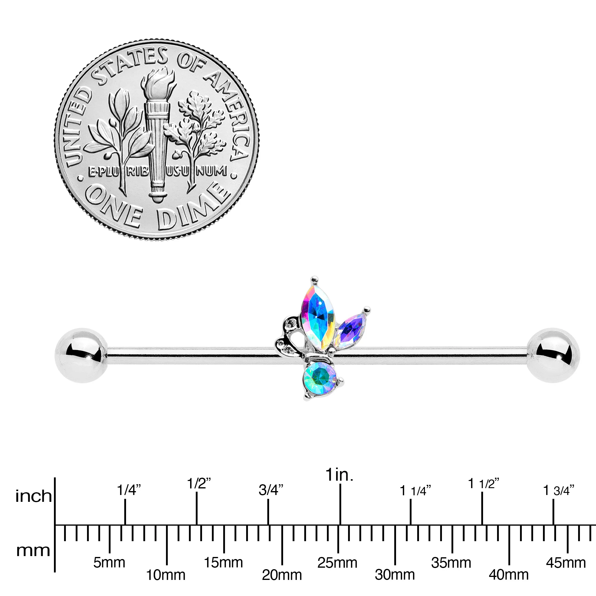 14G Aurora CZ Gem Fleur de Lis Industrial Barbell 38mm - Image 3