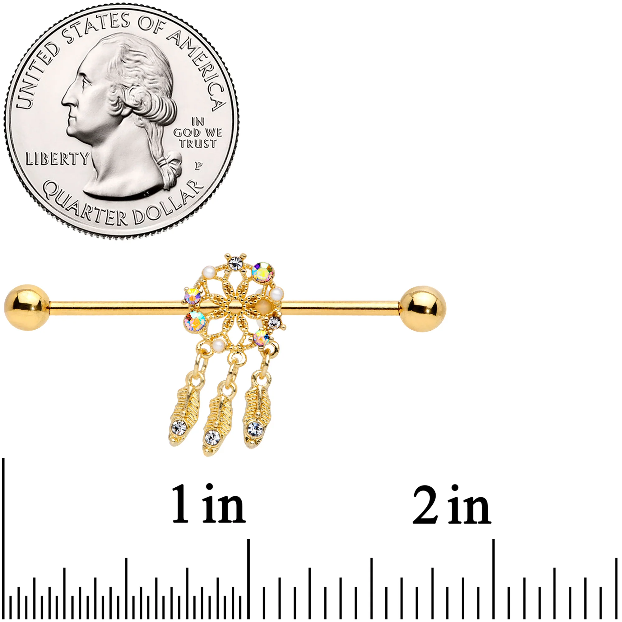 14G Aurora CZ Gem Gold Tone Dreamcatcher Industrial Barbell 38mm - Image 2