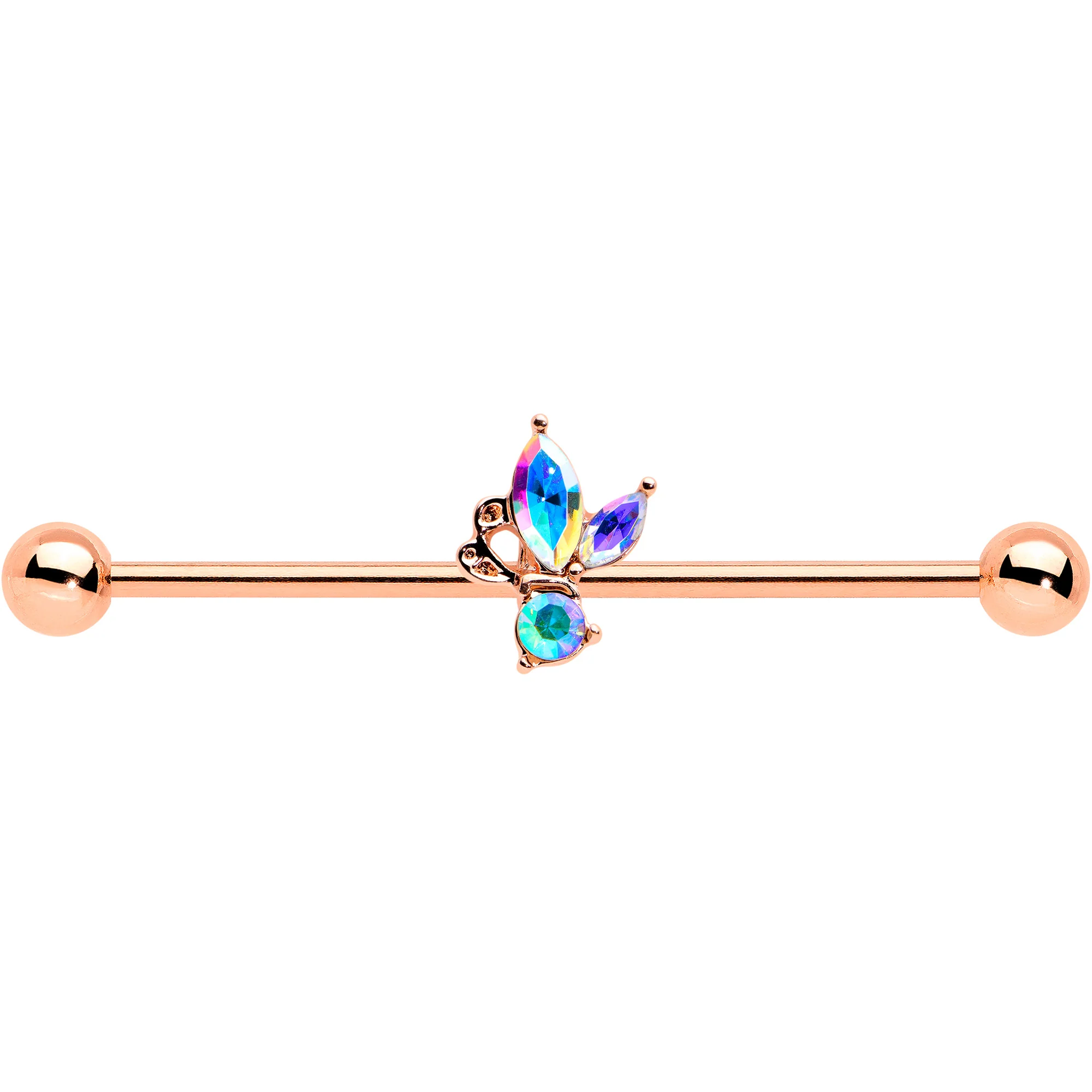 14G Aurora CZ Gem Rosy Tone Fleur de Lis Butterfly Industrial Barbell 38mm - Image 2