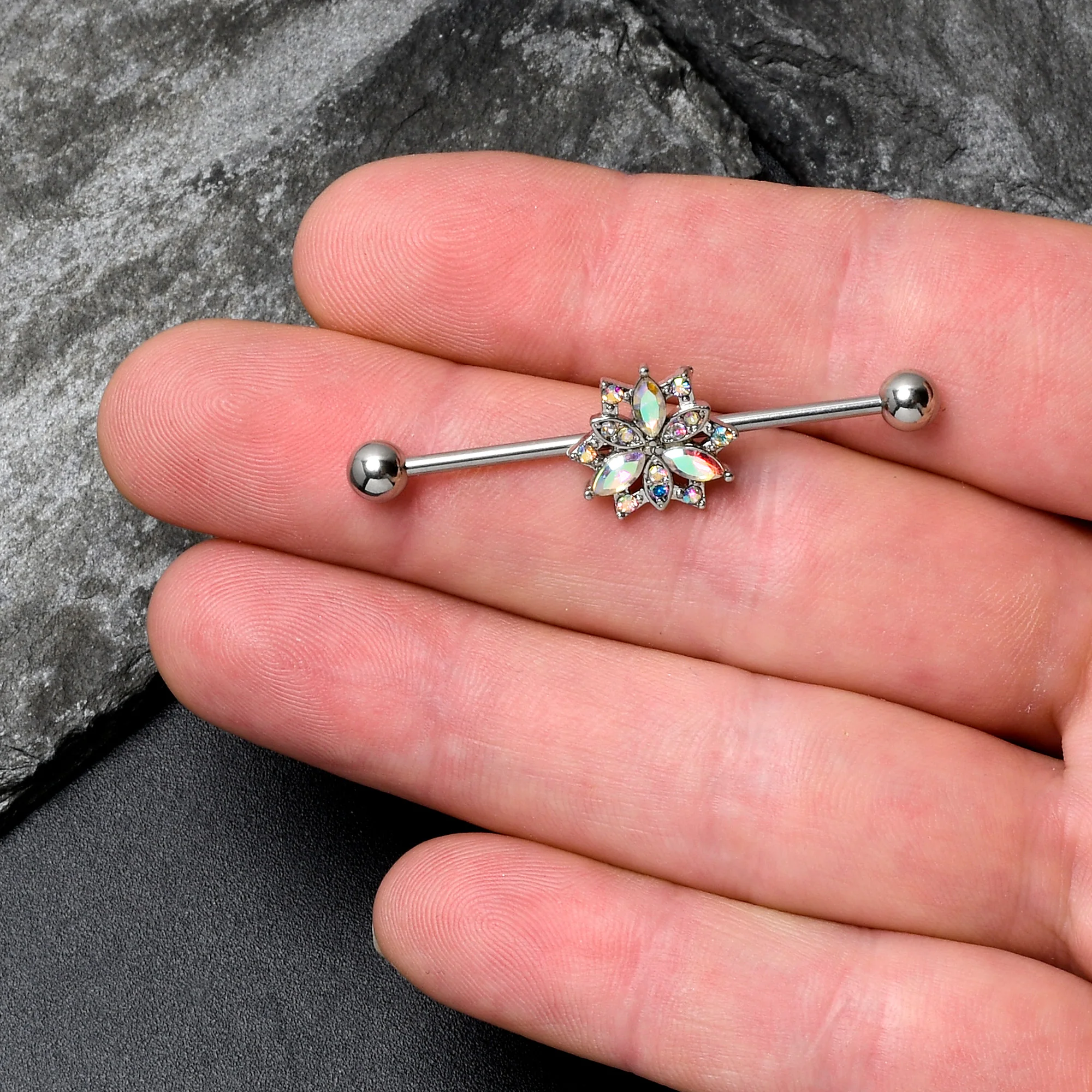 14G Aurora CZ Gem Snowflake Style Industrial Barbell 38mm - Image 3
