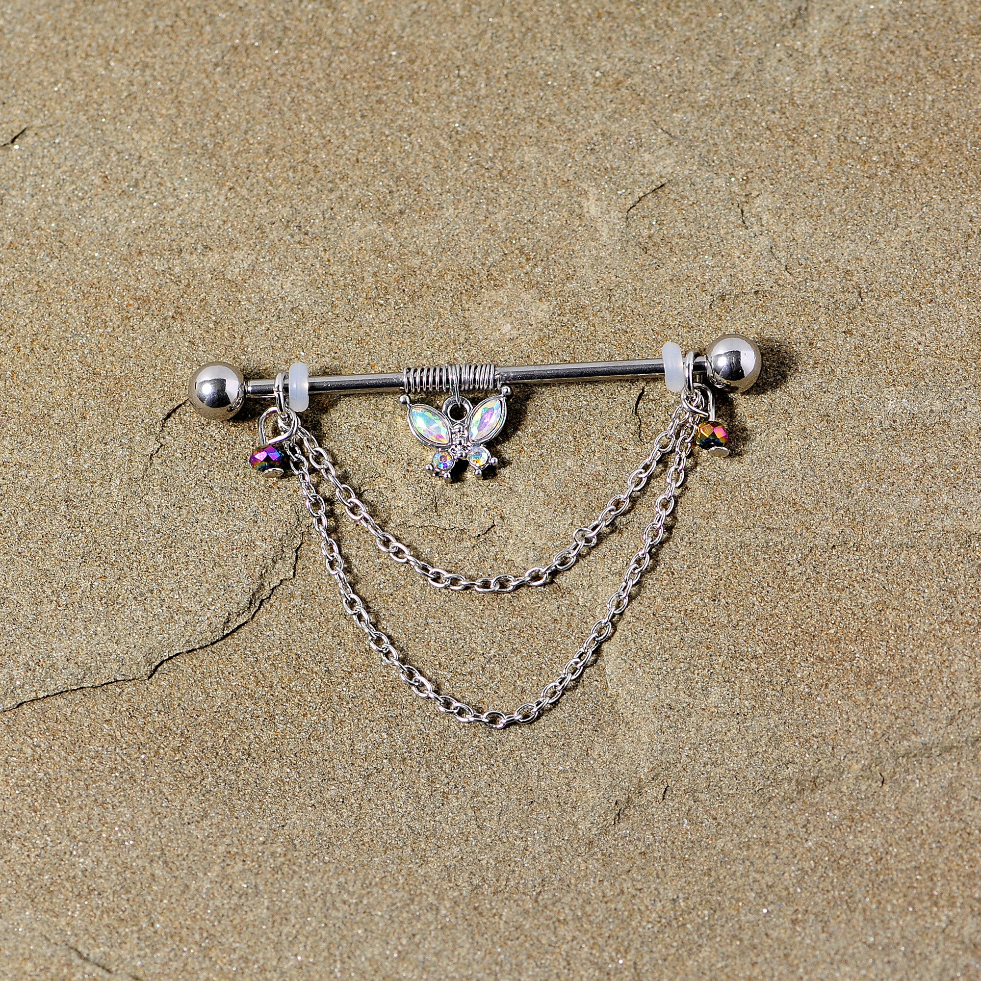 14G Aurora Gem Butterfly Chain Dangle Project Bar 38mm - Image 2