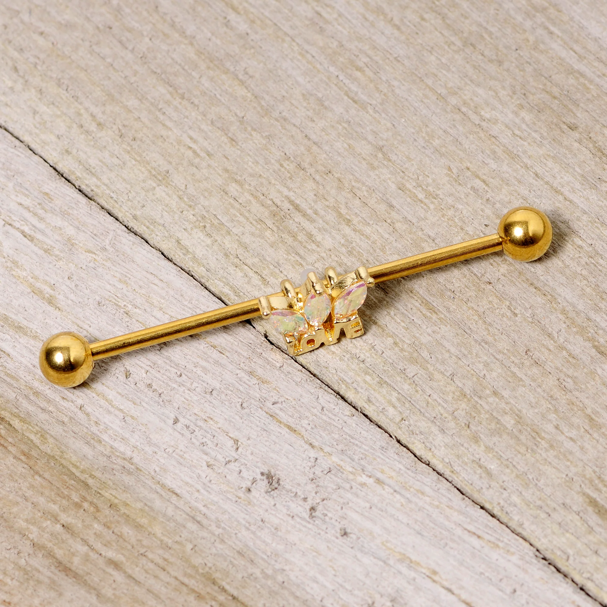 14G Aurora Gem Gold Tone Crown Love Industrial Barbell 38mm - Image 3