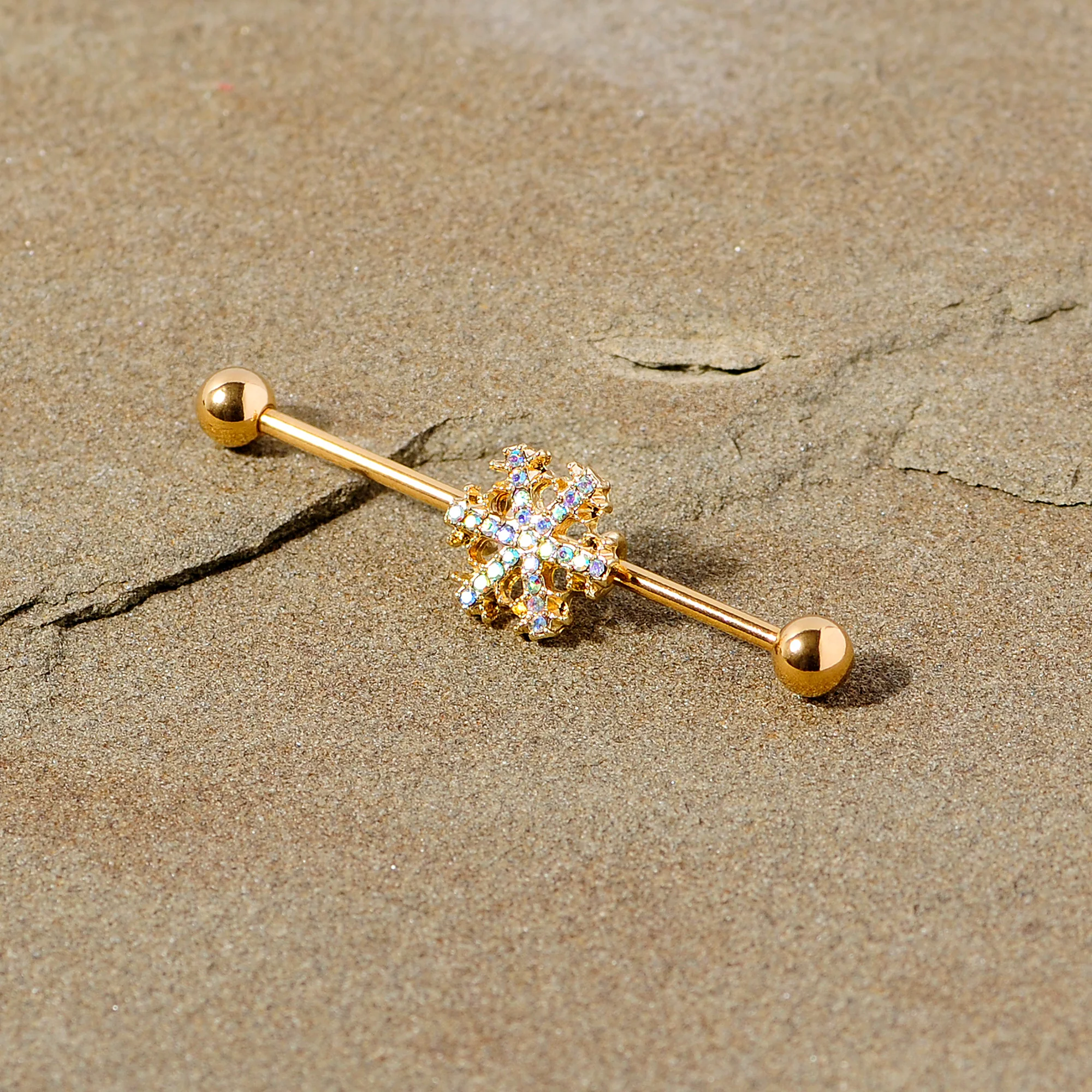14G Aurora Gem Gold Tone Snowflake Industrial Barbell 38mm - Image 5