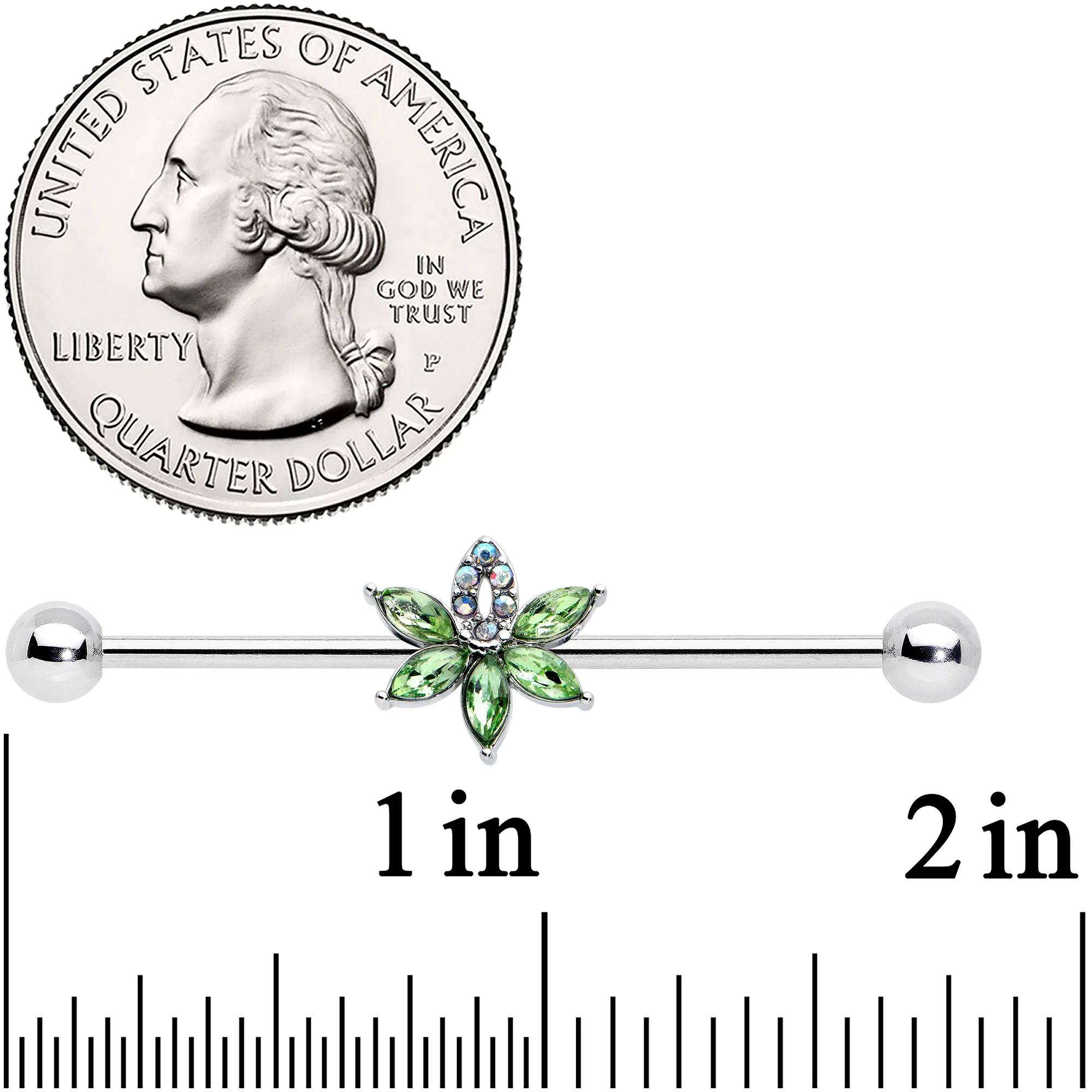 14G Aurora Green Gem Pot Leaf Industrial Barbell 38mm - Image 2