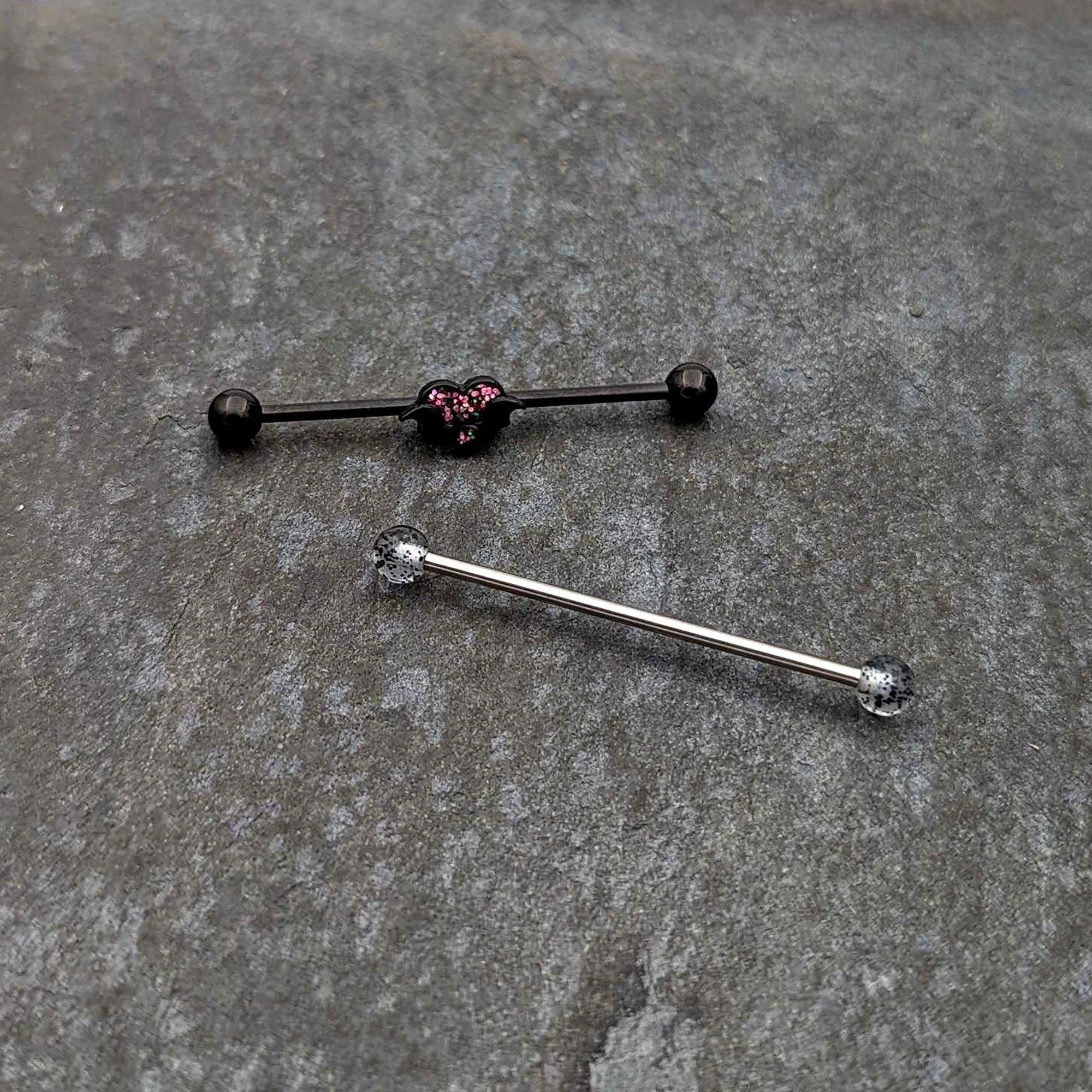 14G Black Bat Heart Halloween Clear Industrial Barbell 38mm Set of 2 - Image 3