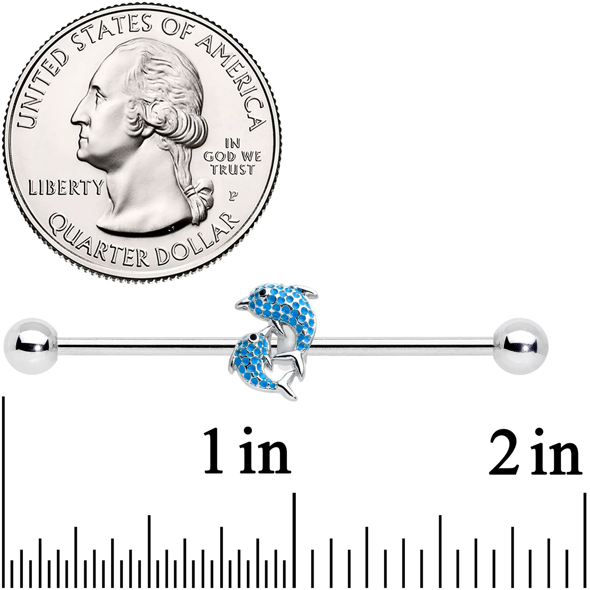 14G Black Gem Leaping Blue Dolphins Industrial Barbell 38mm - Image 2