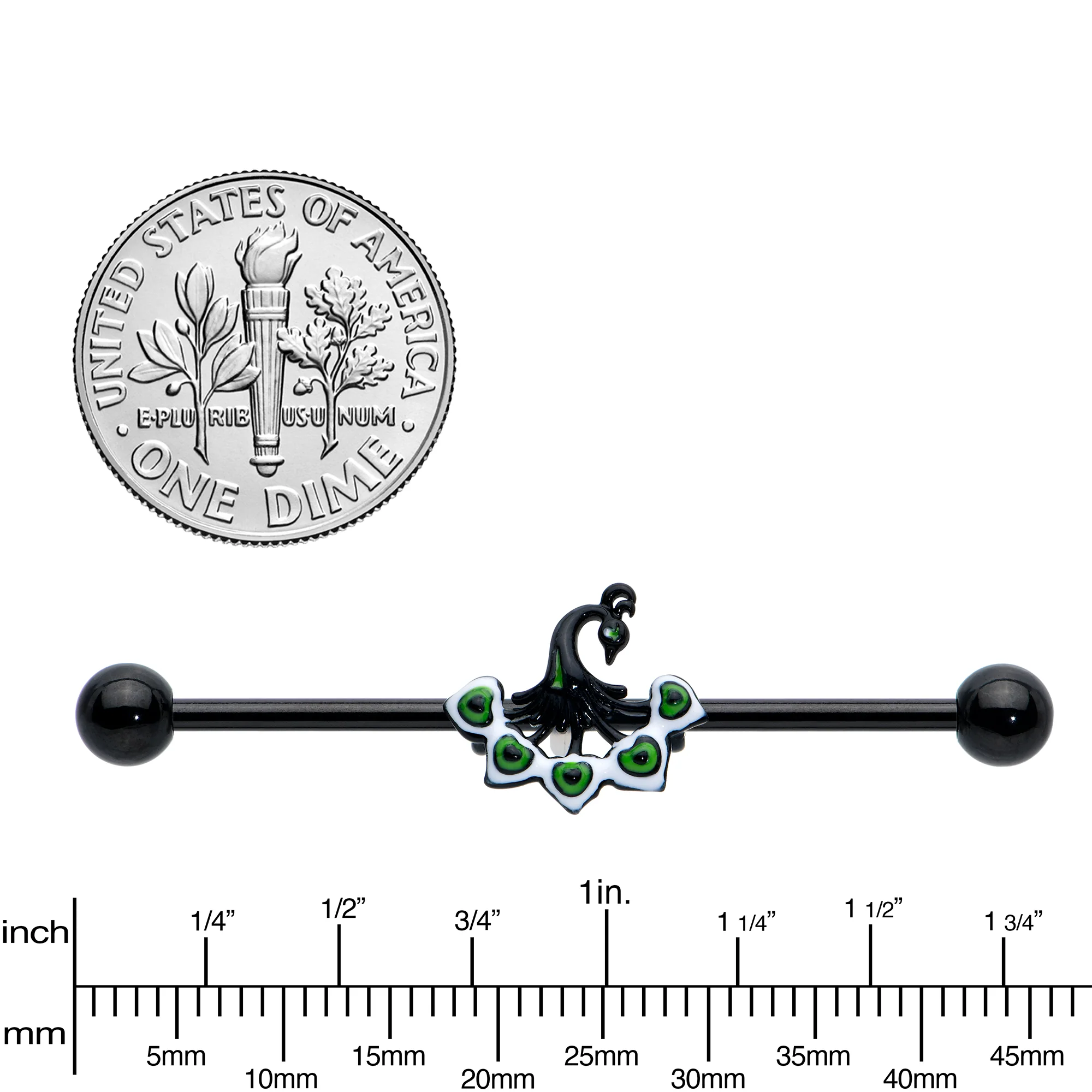 14G Black Green Pretty Peacock Industrial Barbell 38mm - Image 3