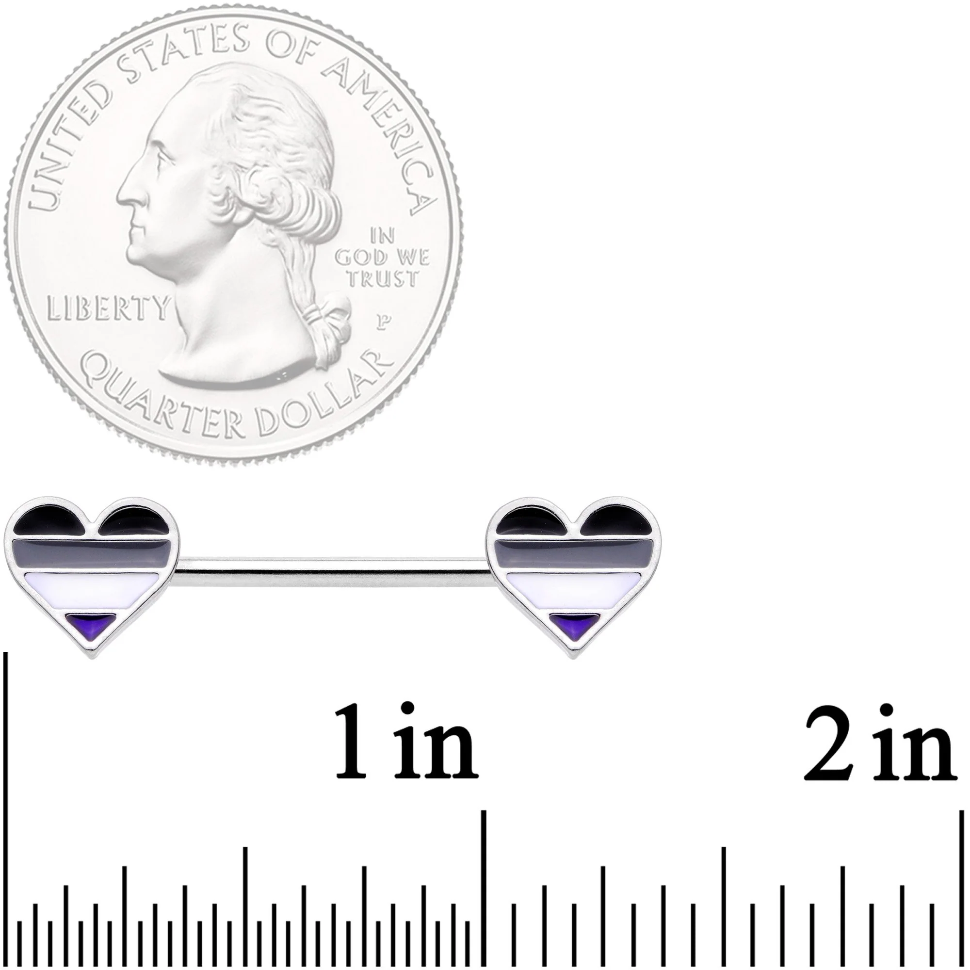 14G Black Grey White Asexual Pride Heart Barbell Nipple Ring Set - Image 2