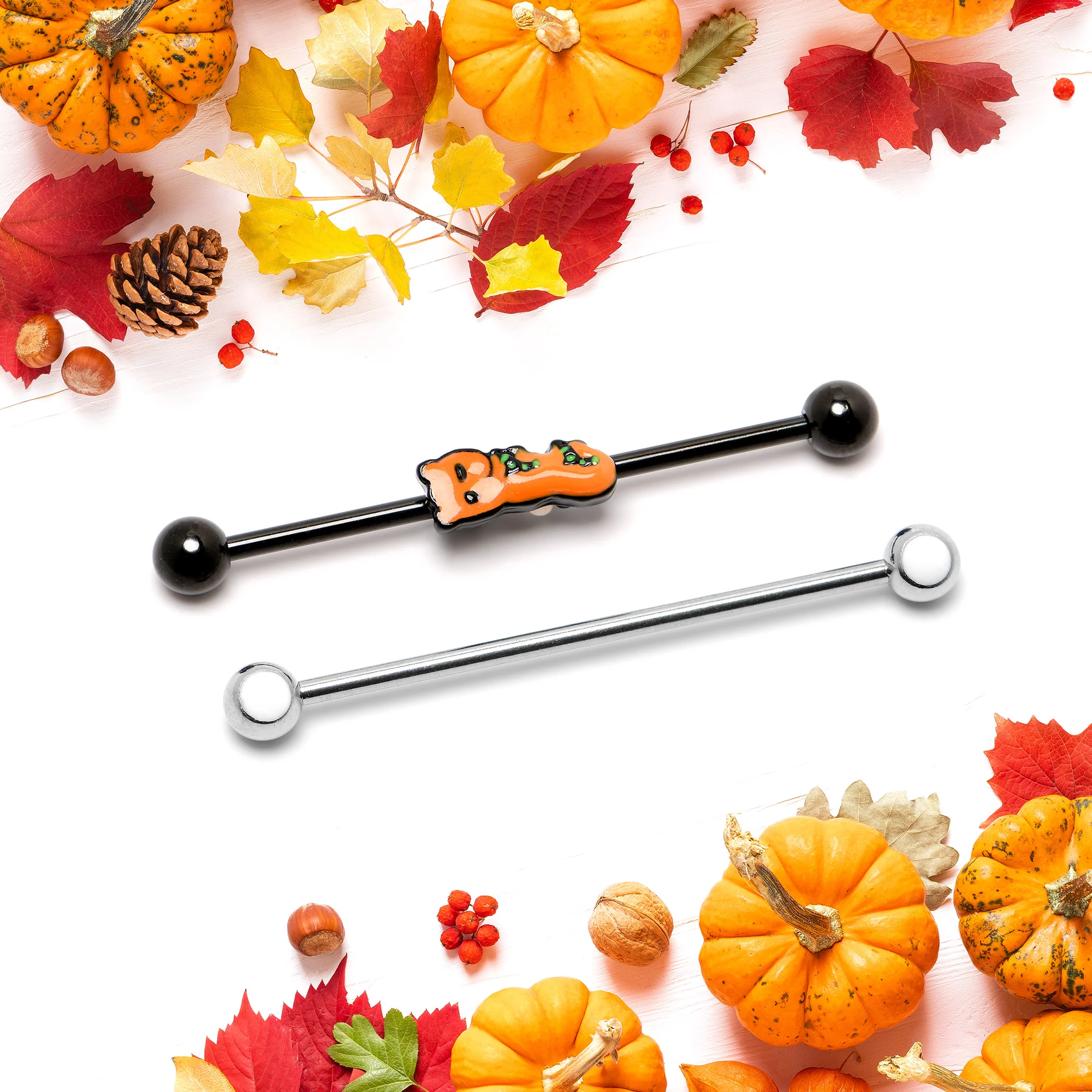 14G Black Halloween Boo Glow in Dark Industrial Barbell Set of 2 - Image 6