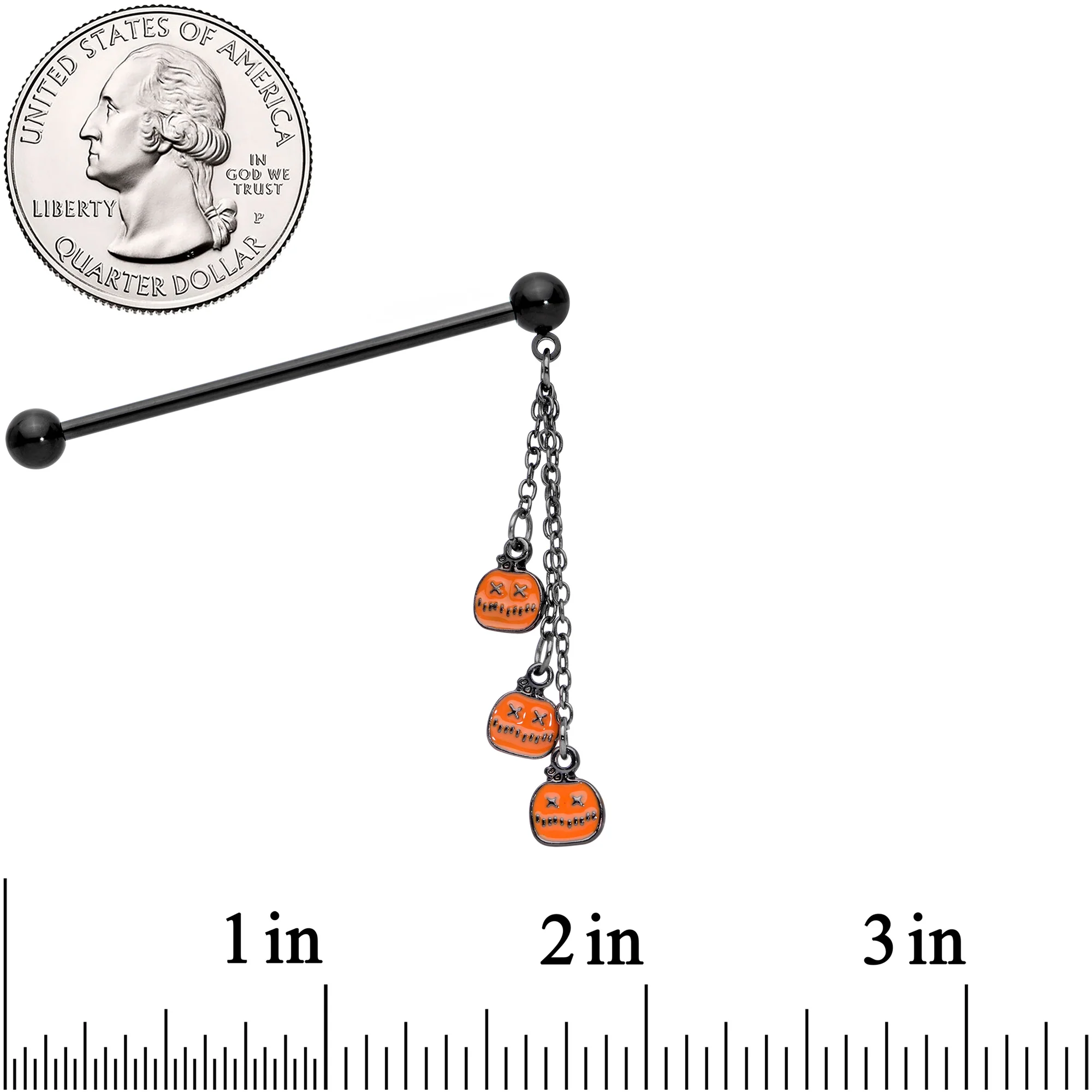 14G Black Halloween Pumpkin Chain Dangle Industrial Barbell 38mm - Image 2