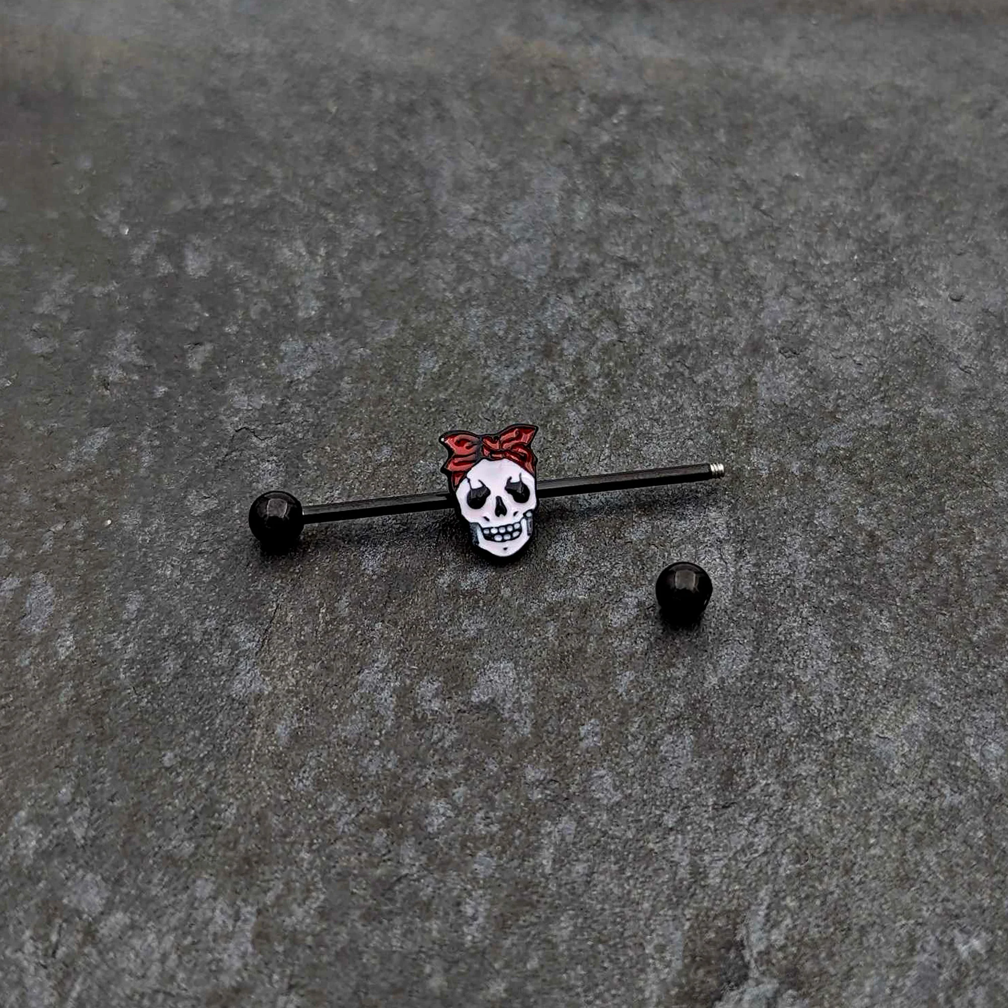 14G Black Halloween Skull Kerchief Industrial Barbell 38mm - Image 4