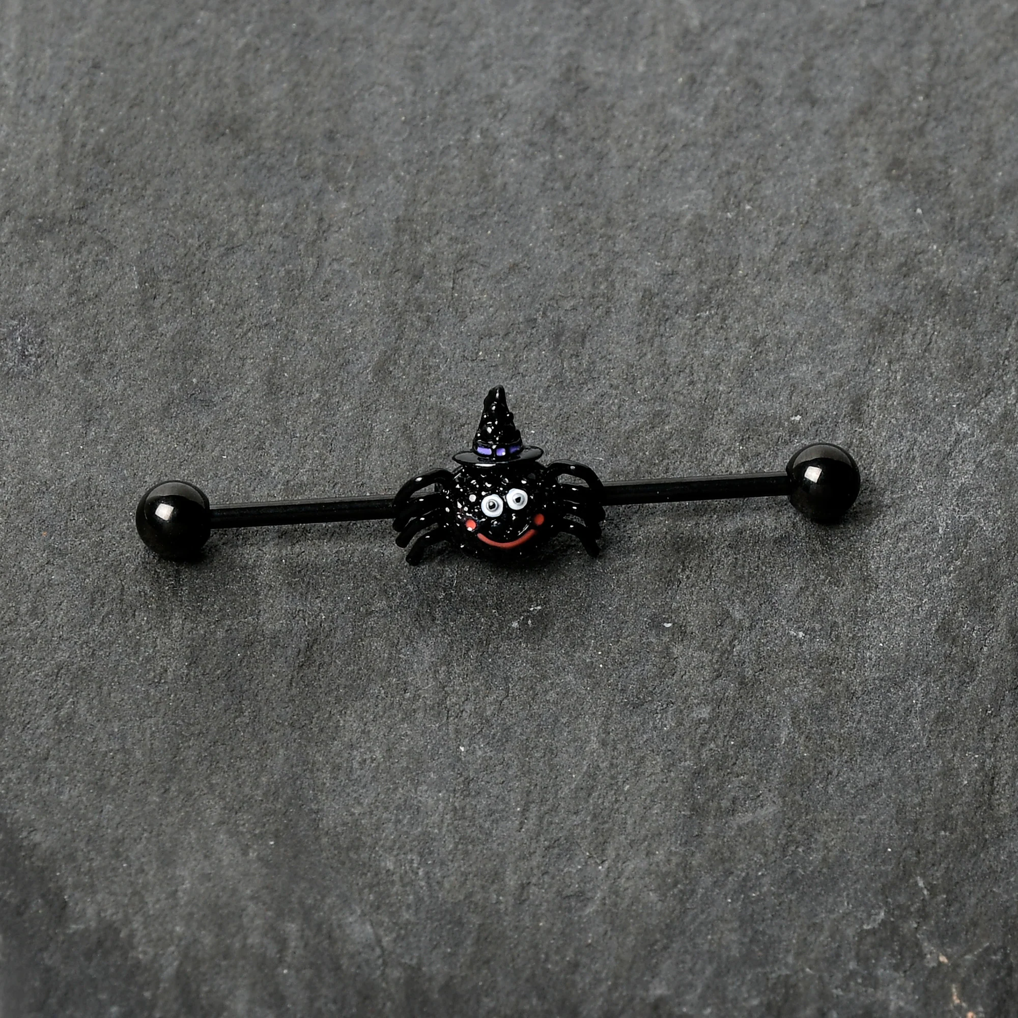 14G Black Halloween Smiling Witch Spider Industrial Barbell 38mm - Image 4