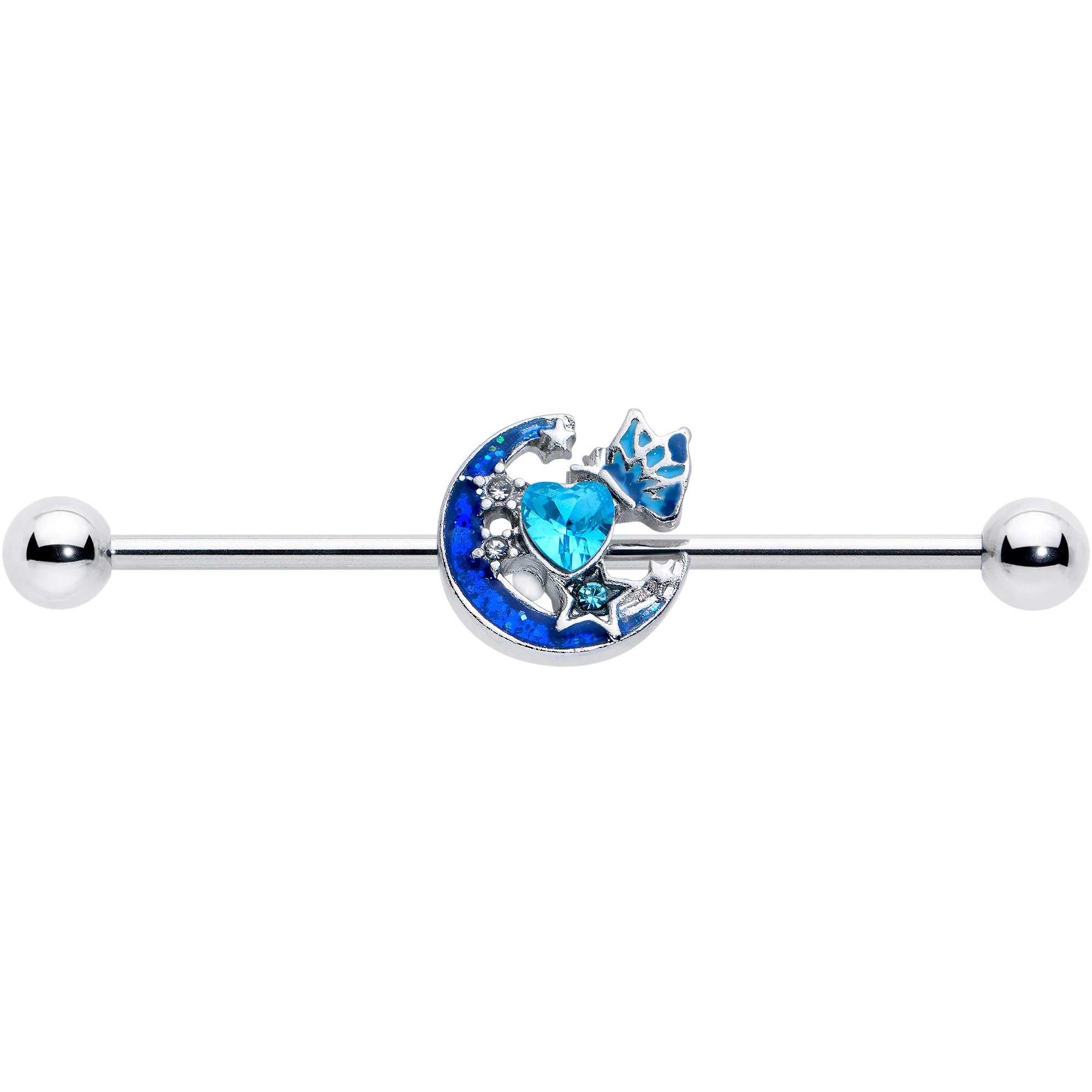 14G Blue CZ Gem Butterfly Love Heart Industrial Barbell 38mm - Image 2
