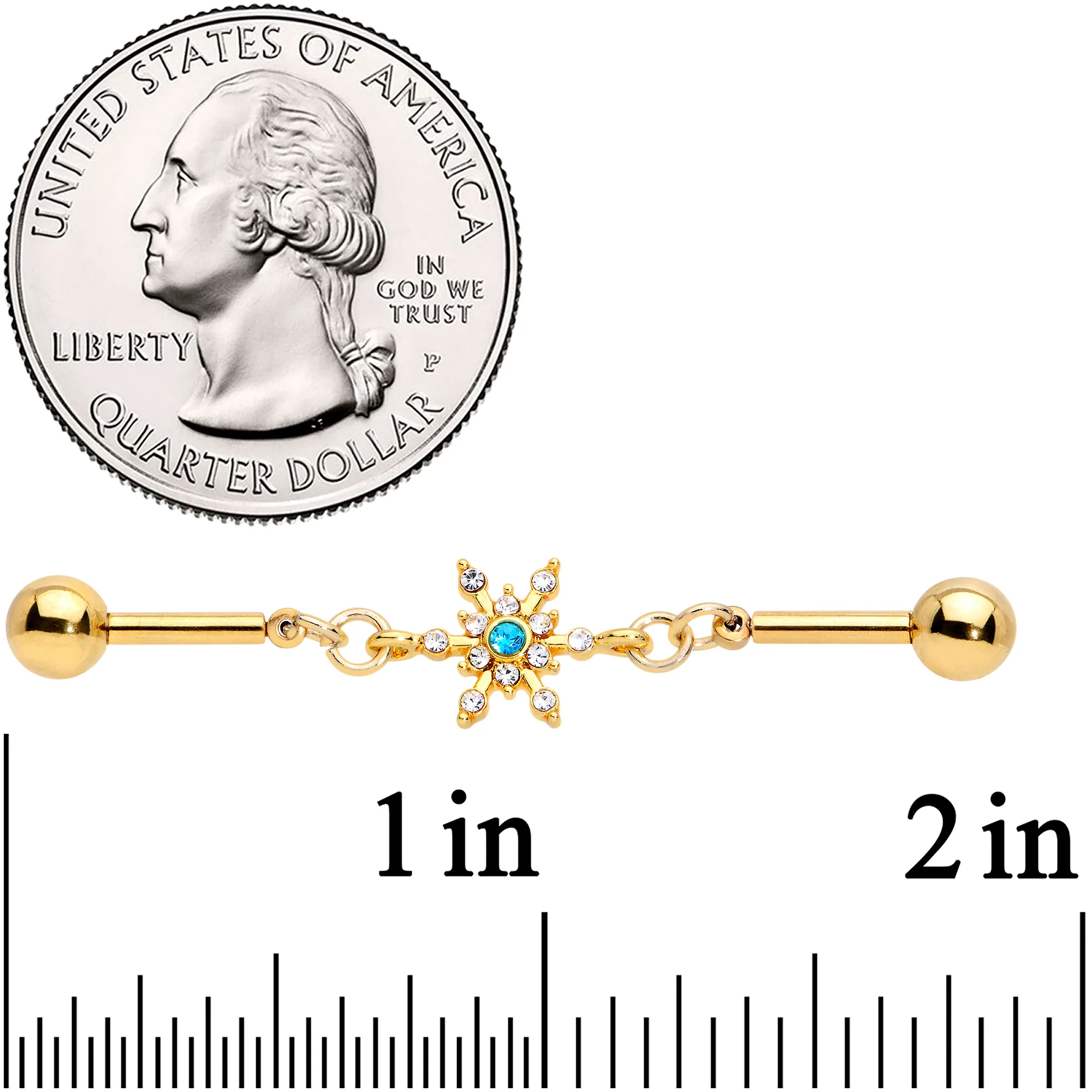 14G Blue CZ Gem Gold Hue Snowflake Double Industrial Barbell 38mm - Image 3