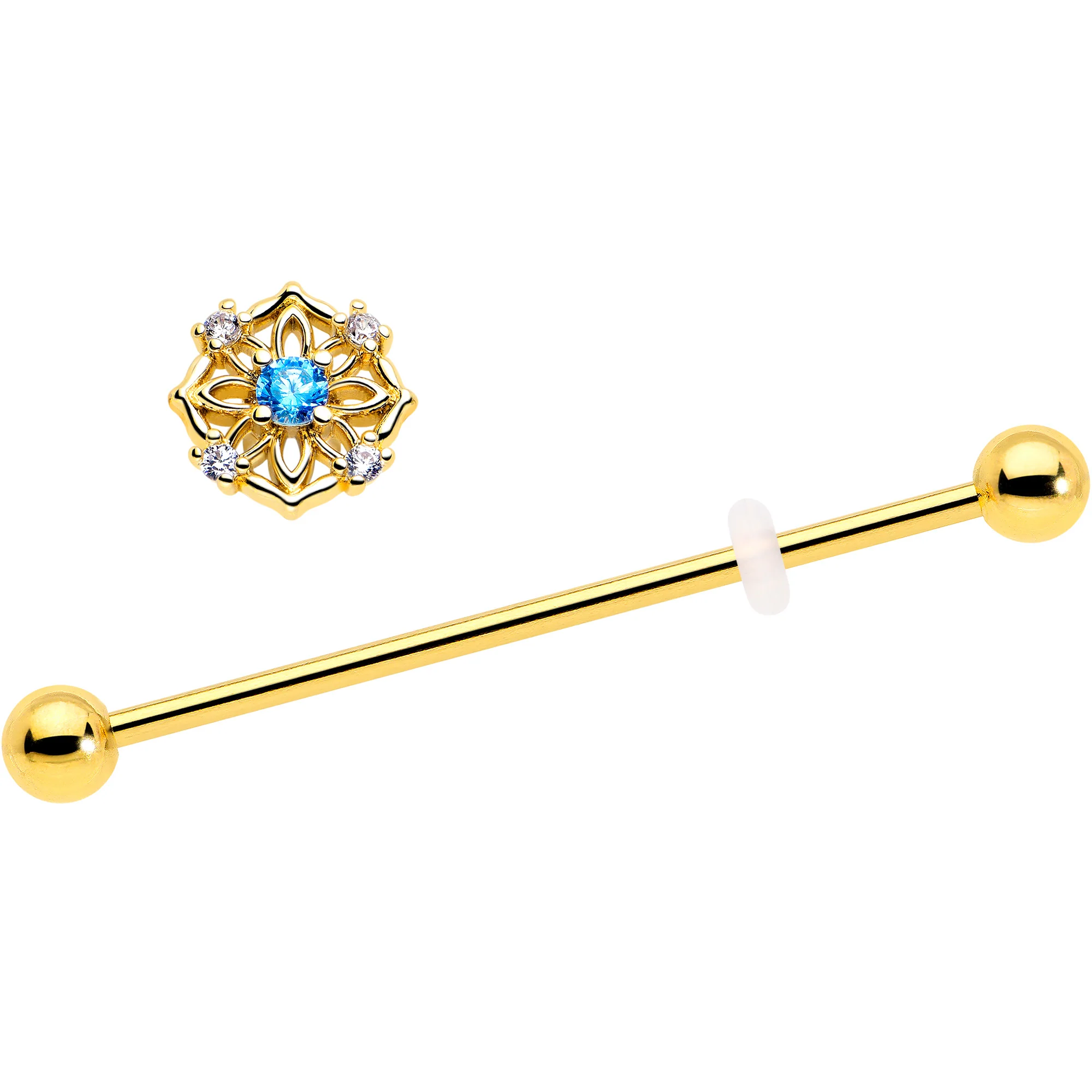 14G Blue CZ Gem Gold Tone Flower Ring Industrial Barbell 38mm - Image 2